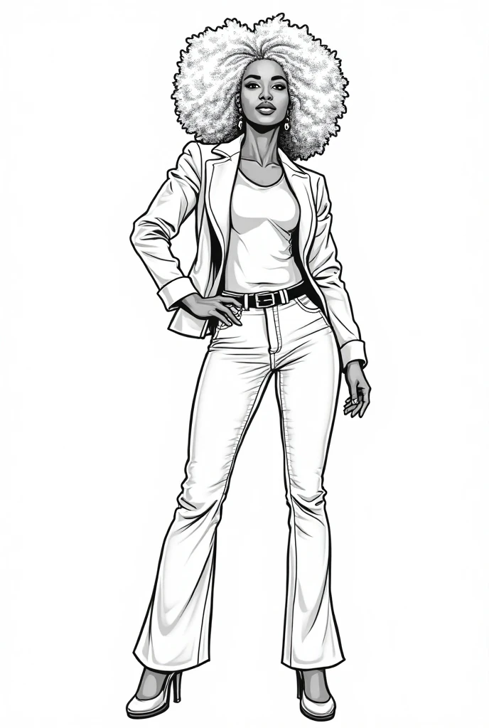 Beautiful African American coloring page, photorealism,16K realism, Hyper-realistic, bold line art, long detailed braids in ponytail with baby hair, long eye lashes, almond shape eyes, slim thick, no cleavage showing. Coloring book, line art, high waist leggings, blazer, high heels,