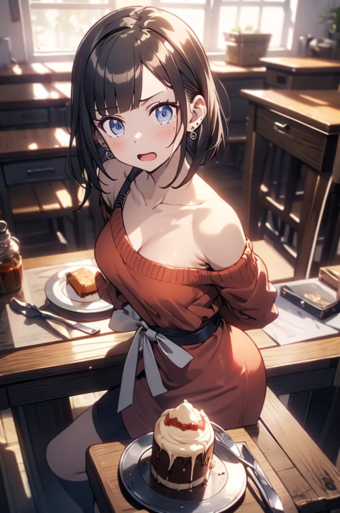 (from above:1.1),(from side:0.9),masterpiece, 1girl, Bust A Cup, Amazing Cleavage:1.1, thin waist, big ass, Raised sexy, small breast: 1.4 posed cleavage:1.2、solo, looking at viewer, open mouth, have a cute grass of cute beergrass,black hair, dark green eyes, dress, bare shoulders, jewelry, collarbone, sidelocks, hairband, earrings, indoors, off shoulder, :o, sweater, arms behind back, plant, short hair with long locks, gild hairband, off-shoulder dress, sweater dress, off-shoulder sweater, red sweater, dark gord hair, big side hair, very long side hair,is rendered in (masterpiece: 1.2, best quality), with (ultra high resolution) and an exquisite (depth of field). This masterpiece is not only visually stunning but also tells,A scene of cooking in the kitchen by classroom
