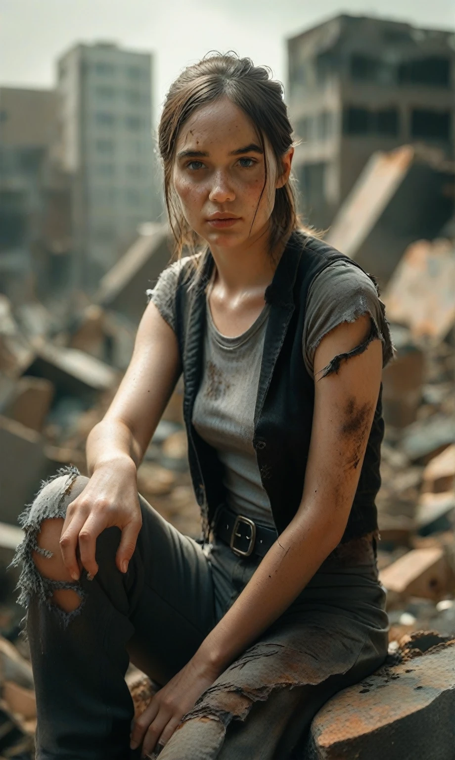 score_9, score_8_up, score_7_up, score_6_up, photo, realism, photorealistic, professional photo, the last of us, ellie williams, torn gray tank top, low neckline, black vest, low waisted khaki pants, belt, sitting on rubble, looking at viewer, destroyed city, post apocalypse, depth of field, dramatic lighting,