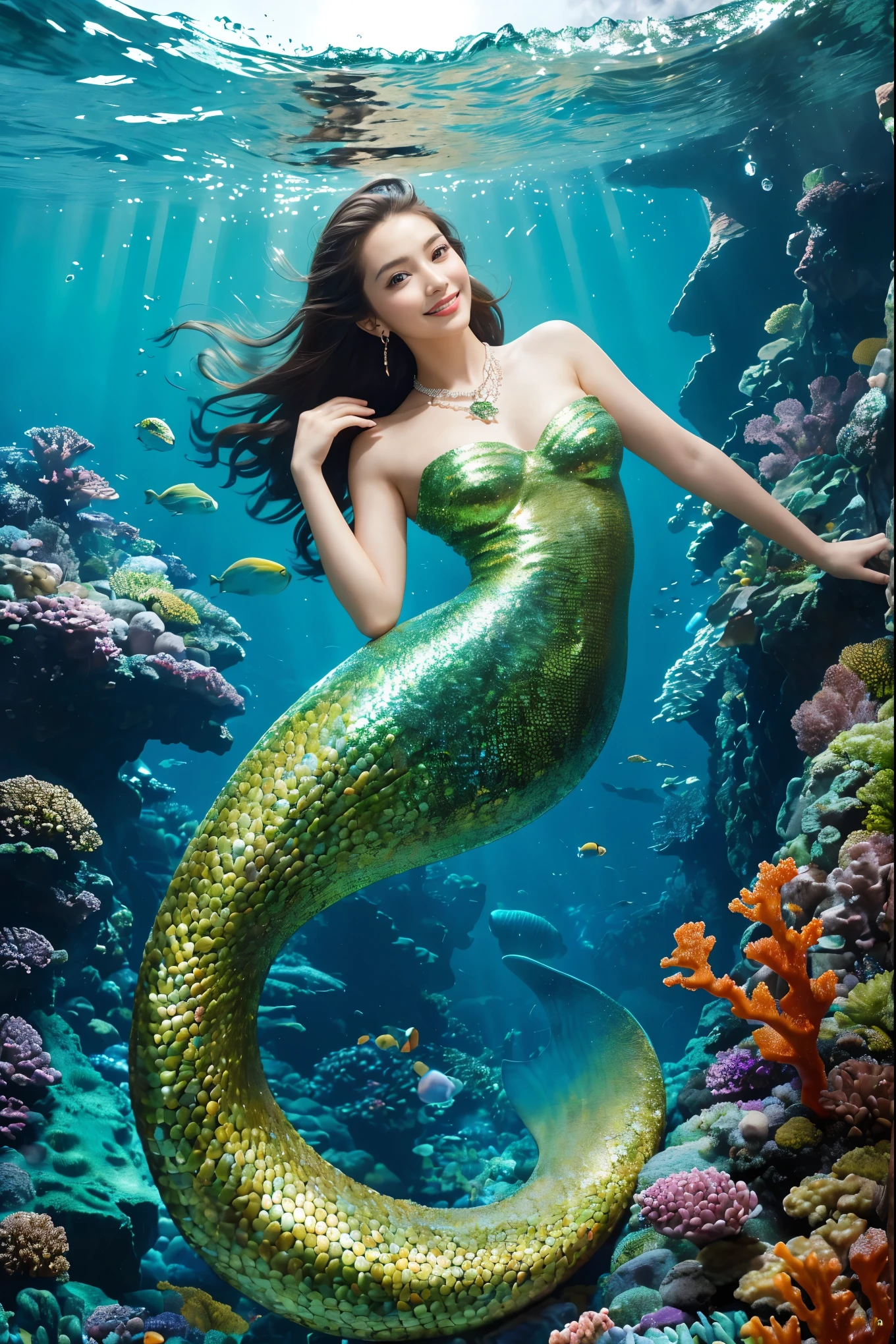 (((Little Mermaid,mermaids,Beautiful scales that shine fantastically,Realistic scale,Fish-like scales and scaly arms,Scaly arms,There are also several scales on the arms,Pearls and jewel-encrusted scales,Half-fishman))),(((The whole body is shown,Her whole body,Photograph the whole body,beautifully shining fins and scales,,,Beautiful fins,Mermaid Princess,Princess,Japan Little Mermaid,Sparkling big tiara,Seashell and coral hair ornaments,Lots of gems,glitter makeup,Gorgeous bracelets,Gorgeous earrings,Gorgeous and large necklace,Gorgeous Rings,Bra with a seashell-like design,The boundary between humans and fish is a gradation of scales and skin color,Realistic gradients of scale and skin tone,segment々Transformation of scales to flesh color))),((Graceful and beautiful,Shining water,She is swimming in the sea,swimming through the ocean,She approaches the camera,Swim dynamically,Her whole body is visible,Perspective is used,))(((There are many beautiful sea creatures in the background,Lots of coral and tropical fish,beautiful corals,Beautiful fish,Under the sea, Lots of tropical fish,Sunlight shines in, Hair swaying in the water,There are sea creatures,)))((A detailed face,face perfect,beautiful smiling face,Big smile,Quality and beautiful face,,Perfect fingers,Perfect hands,Accurate five-finger,Smile at the camera's gaze,Perfect gas chamber,perfect white teeth,Clean teeth,Precise teeth,Colossal tits))((The background is a fantastic sea,The sea sparkles like a jewel,Detailed sea, Fine shine,Glittering Sea,Glittering background))closer, slim figure, femele, long,Beautiful sunshine,a junior high school student,realskin, glistning skin,pretty skin,masutepiece, in 8K, Beautiful, realisitic,（highdetailskin：1.2），8K Ultra HD， Digital SLR, hightquality, hight resolution,1girll，Beautiful expression，((The most beautiful composition she))