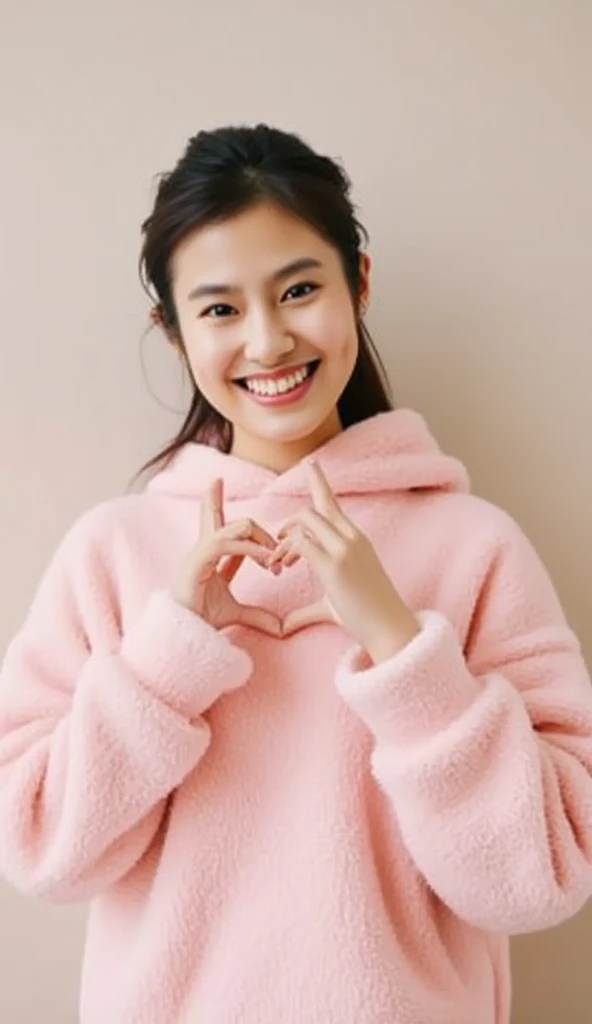 Only one woman with a cute smile wears cute, fluffy off-shoulder pajamas, makes a big heart shape with both hands, and poses them in front of her chest, View above collarbone、The background is a monotone 

