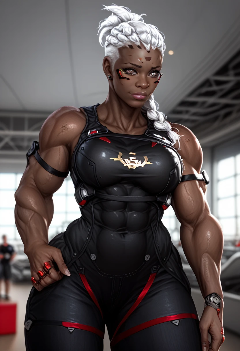 A 35mm photorealistic bokeh shot of Sojourn, a muscular black woman, large breasts, cyborg,braided white hair, growth, cramped, head touching ceiling, giantess