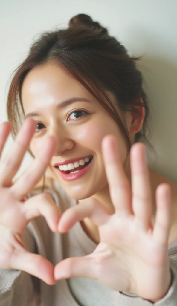 Only one woman with a cute smile wears cute, fluffy off-shoulder pajamas, makes a big heart shape with both hands, and poses them in front of her chest, View above collarbone、The background is a monotone 

