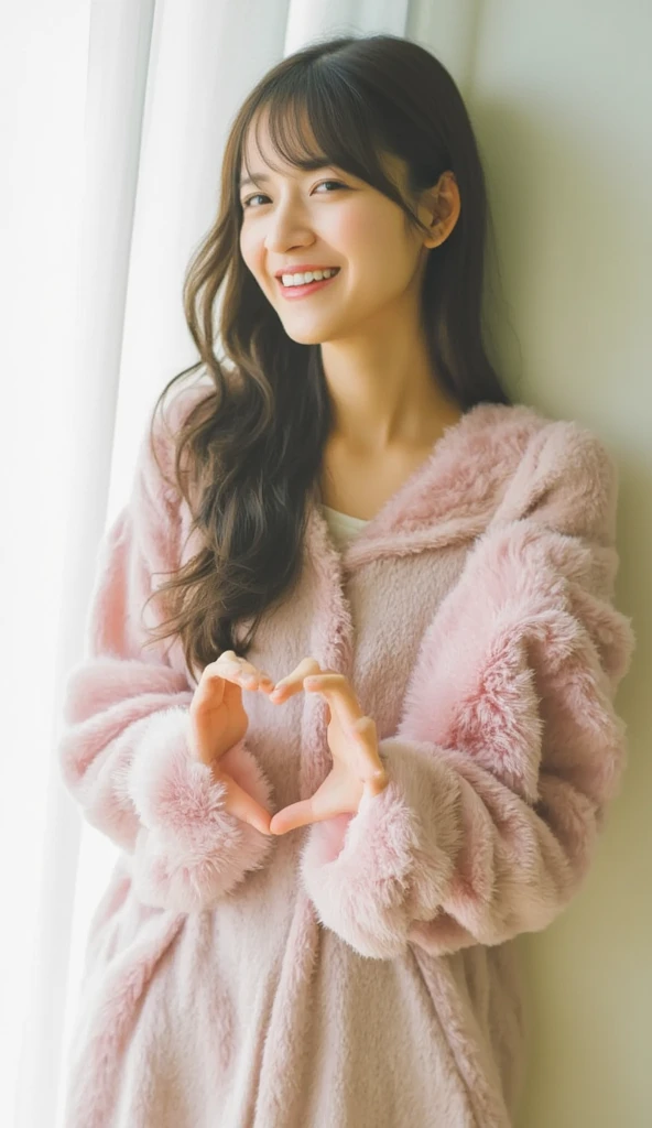 Only one woman with a cute smile wears cute, fluffy off-shoulder pajamas, makes a big heart shape with both hands, and poses them in front of her chest, View above collarbone、The background is a monotone 

