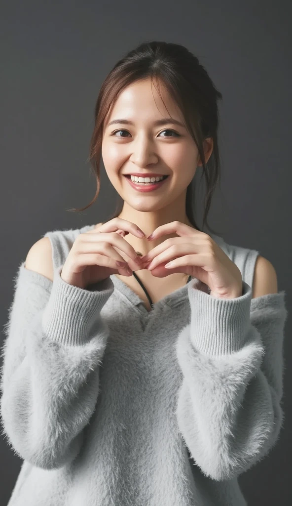 Only one woman with a cute smile wears cute, fluffy off-shoulder pajamas, makes a big heart shape with both hands, and poses them in front of her chest, View above collarbone、The background is a monotone 

