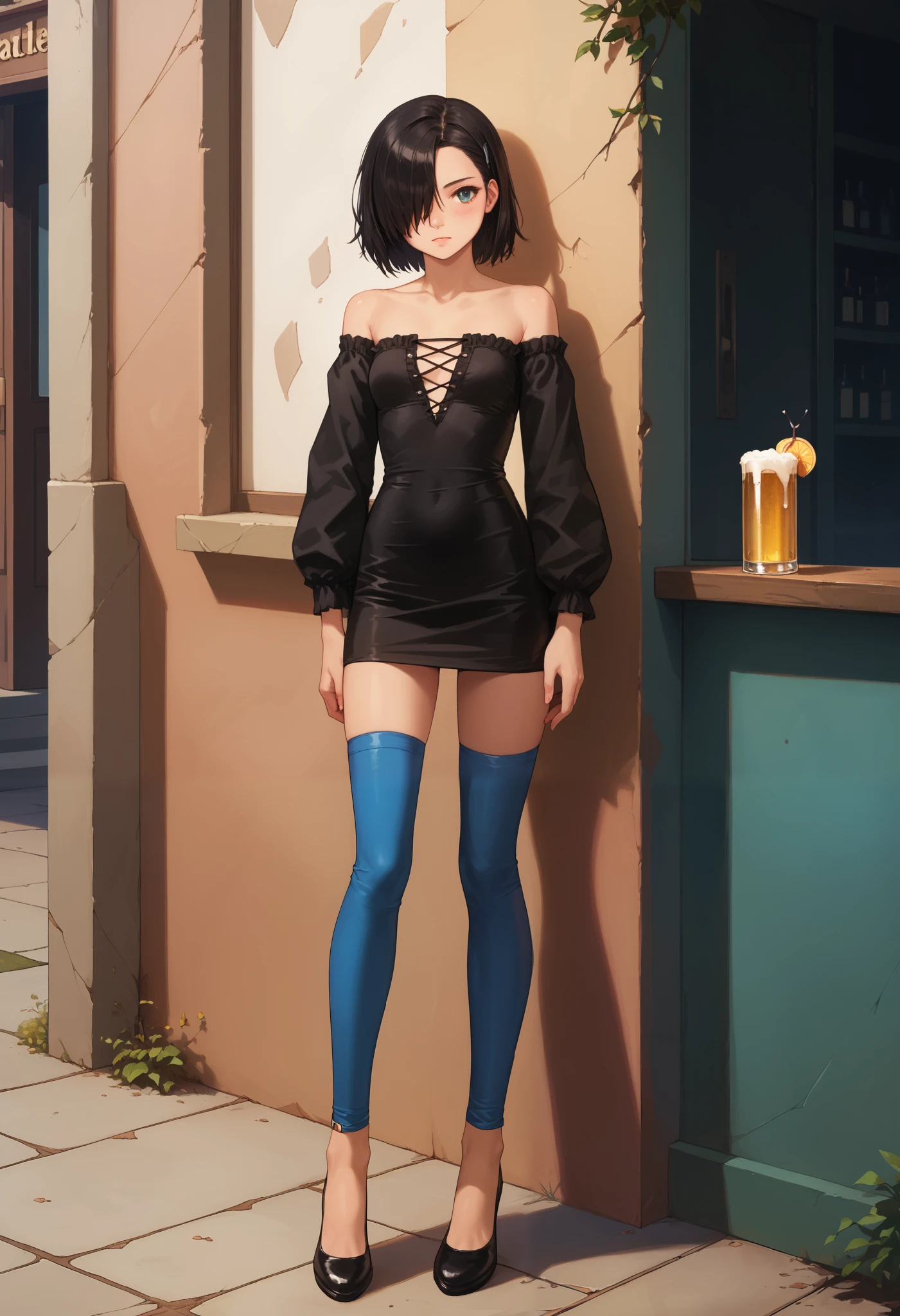 score_9, score_8_up, score_7_up, score_6_up, solo, shy, standing at attention, young girl, beautiful Finger, beautiful long legs, looking at viewer, 16k wallpaper, masterpiece, (beautiful small Breasts:1.2), (slender girl), tomokoxl, hair over one eye, black hair, medium hair, elegant hairstyle, stay at the bar and holding a glass of beer in her hands, detailed style, AniPnyXLQual, YR_GradLight, zPDXL3, microdress, off-shoulder dress, black dress