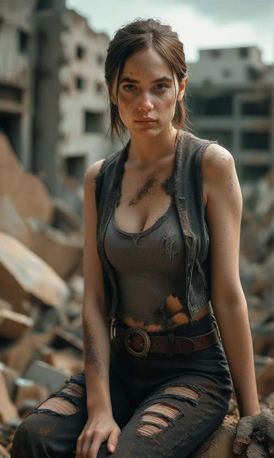 score_9, score_8_up, score_7_up, score_6_up, photo, realism, photorealistic, professional photo, the last of us, ellie williams, torn gray tank top, cleavage, black vest, low waisted khaki pants, belt, sitting on rubble, looking at viewer, destroyed city, post apocalypse, depth of field, dramatic lighting,