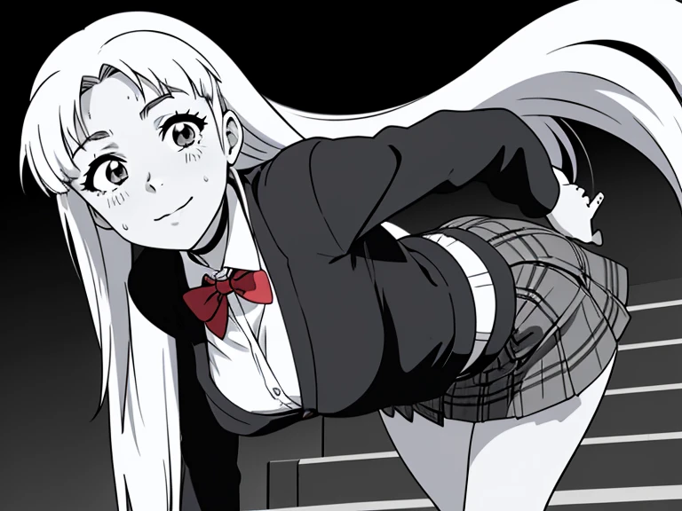 of the highest quality, Best Quality,超A high resolution, hight resolution, (masutepiece), (Comic style illustration), (linear art_Anime),(((black-and-white))),(((monotone_highcontrast))),hi-school girl,high-school uniform、Yayoi, long hair, red ribbon in hair, long pony tail, black choker,  muslos, wide hips, wet body, wet face, wet thighs, wet on the legs, BREAK, (a youthful and vibrant 20-year-old), (1 girl, a vision of beauty), ( long hair), (perfectly shaped medium breasts), (perfect lighting to showcase her beauty), BREAK, (her expression, a mix of confidence and desire), ((Beautiful eyelashes, Realistic eyes)), medium breasts, Dynamic Angle, Perfect body, ((red bowtie, School uniform,  jacket, Open jacket, cardigan, White shirt,  skirt, plaid skirts)), the biggest staircase in the school、(((Looking up from the bottom of the stairs)))、Smile, turned around、bending forward、(stick out your butt、Touching the buttocks with both hands), standing on his back, going up the stairs turning backwards, looking back at the viewer.,Inside the school_the complex background