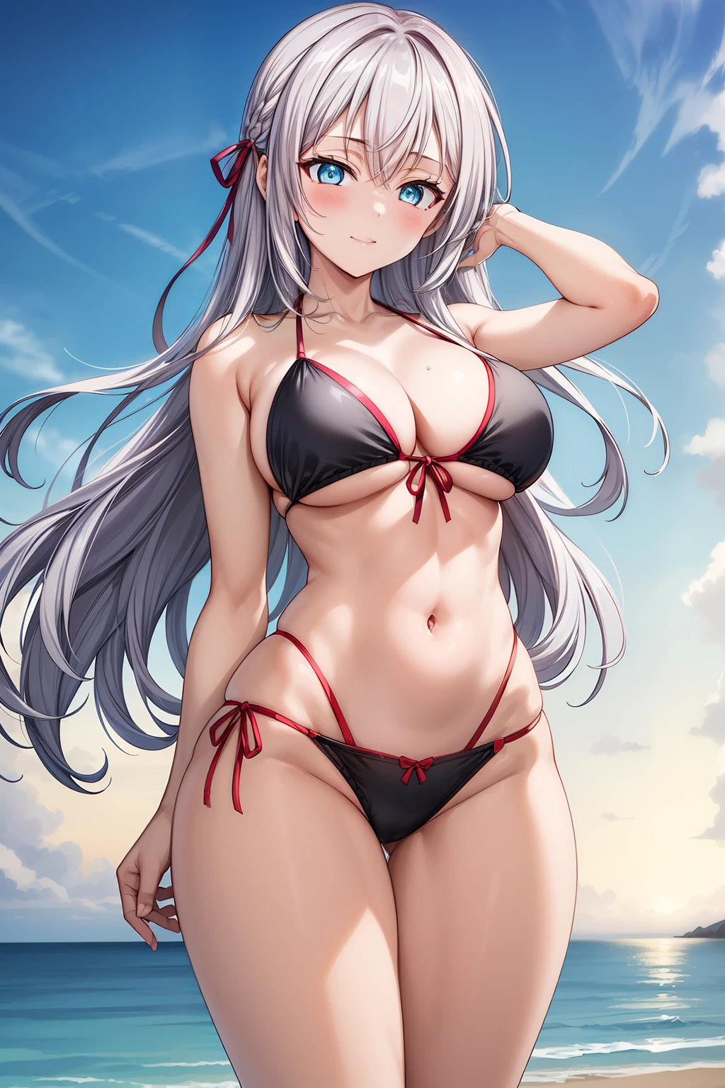  (dawn:1.7), a captivating anime girl, Alisa Kujou, with (22 years:1.1), (beautiful character design:1.4). She has (long white hair:1.4) flowing elegantly and striking (blue eyes:1.5) that shine softly in the morning light. Alisa is wearing a stylish bikini that enhances her (slim thighs:1.2) and (narrow waist:1.3), accentuating her athletic and graceful figure.

Alisa stands confidently, with one hand raised high above her head and the other positioned just above her hips, creating a natural, fluid gesture. Her posture emphasizes her (elegant curves:1.2), with a slight tilt in her body that draws attention to her toned legs and the contours of her hips. Her expression is soft and inviting, with a gentle smile and a slight blush, giving her an approachable and alluring charm.

The background features a serene beach at dawn, with the soft golden light casting a warm glow over the scene. The ocean waves softly crash in the distance, with subtle (bokeh effects:1.2) in the background to keep the focus on her. The warm lighting highlights her silhouette and contours, with a delicate (film grain:1.1) effect adding texture. The scene is rendered in ultra-high definition, capturing every detail of her figure and the peaceful surroundings.