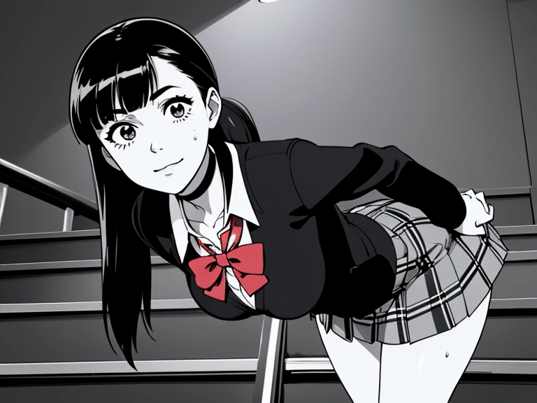 of the highest quality, Best Quality,超A high resolution, hight resolution, (masutepiece), (Comic style illustration), (linear art_Anime),(((black-and-white))),(((monotone_highcontrast))),hi-school girl,high-school uniform、Yayoi, long hair, red ribbon in hair, long pony tail, black choker,  muslos, wide hips, wet body, wet face, wet thighs, wet on the legs, BREAK, (a youthful and vibrant 20-year-old), (1 girl, a vision of beauty), ( long hair), (perfectly shaped medium breasts), (perfect lighting to showcase her beauty), BREAK, (her expression, a mix of confidence and desire), ((Beautiful eyelashes, Realistic eyes)), medium breasts, Dynamic Angle, Perfect body, ((red bowtie, School uniform,  jacket, Open jacket, cardigan, White shirt,  skirt, plaid skirts)), the biggest staircase in the school、(((Looking up from the bottom of the stairs)))、Smile, turned around、bending forward、(stick out your butt、Touching the buttocks with both hands), standing on his back, going up the stairs turning backwards, looking back at the viewer.