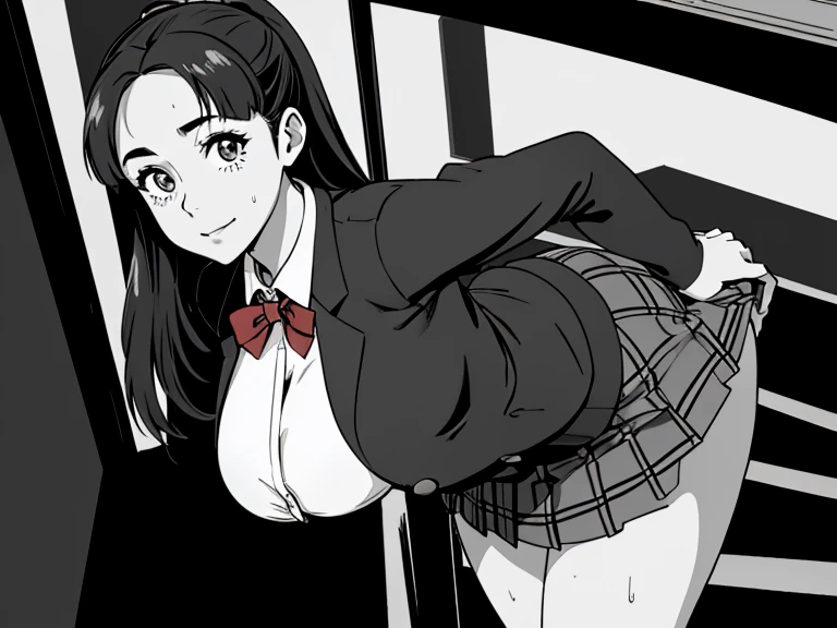 of the highest quality, Best Quality,超A high resolution, hight resolution, (masutepiece), (Comic style illustration), (linear art_Anime),(((black-and-white))),(((monotone_highcontrast))),hi-school girl,high-school uniform、Yayoi, long hair, red ribbon in hair, long pony tail, black choker,  muslos, wide hips, wet body, wet face, wet thighs, wet on the legs, BREAK, (a youthful and vibrant 20-year-old), (1 girl, a vision of beauty), ( long hair), (perfectly shaped medium breasts), (perfect lighting to showcase her beauty), BREAK, (her expression, a mix of confidence and desire), ((Beautiful eyelashes, Realistic eyes)), medium breasts, Dynamic Angle, Perfect body, ((red bowtie, School uniform,  jacket, Open jacket, cardigan, White shirt,  skirt, plaid skirts)), the biggest staircase in the school、(((Looking up from the bottom of the stairs)))、Smile, turned around、bending forward、(stick out your butt、Touching the buttocks with both hands), standing on his back, going up the stairs turning backwards, looking back at the viewer.