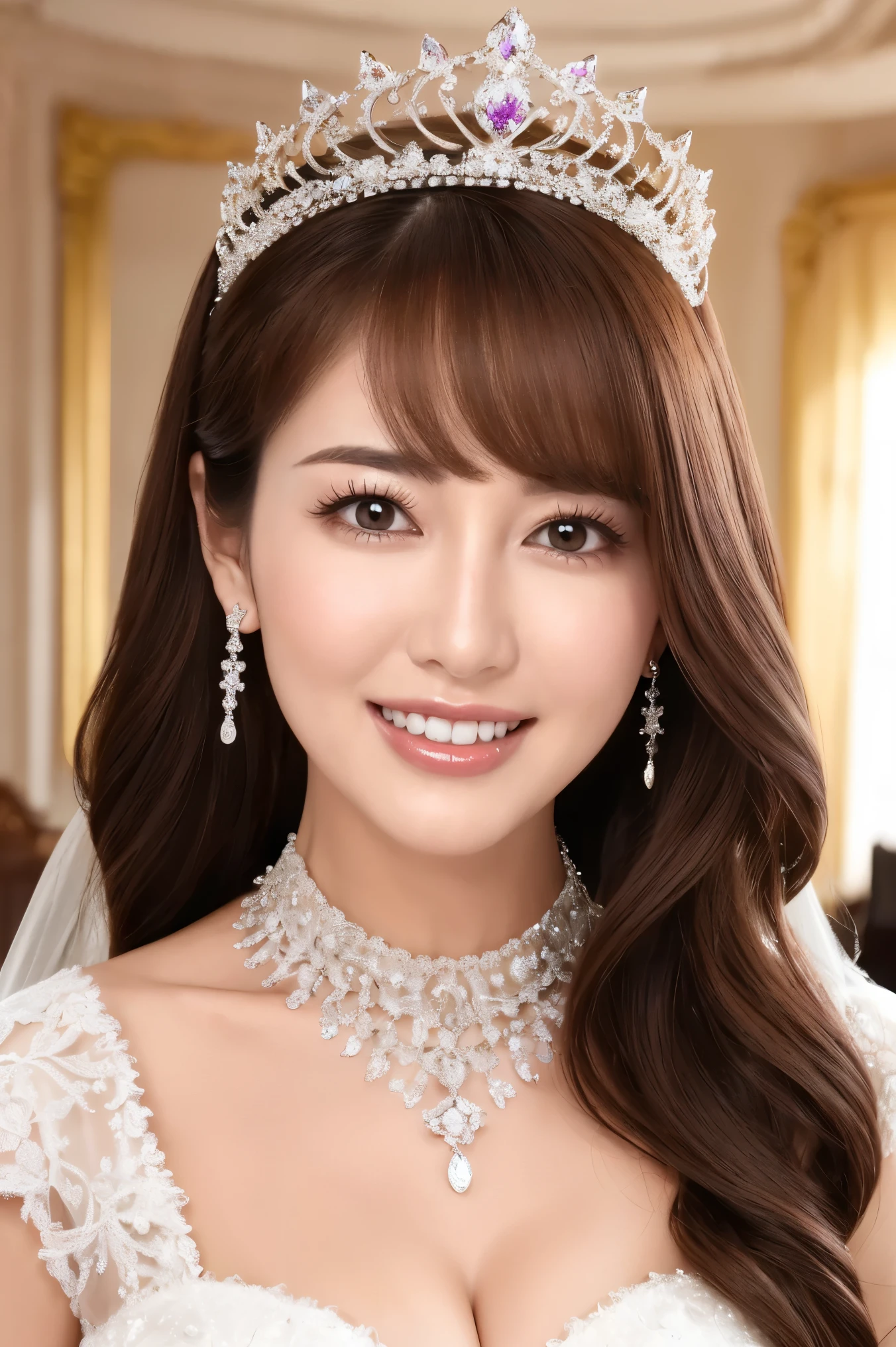 A close up of a woman wearing a tiable and a wedding dress - SeaArt AI