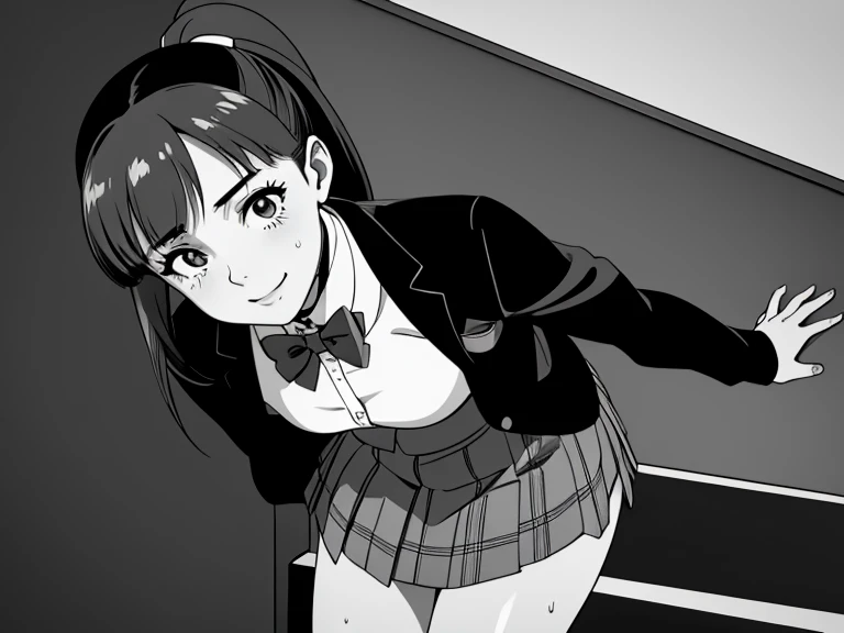 of the highest quality, Best Quality,超A high resolution, hight resolution, (masutepiece), (Comic style illustration), (linear art_Anime),(((black-and-white))),(((monotone_highcontrast))),hi-school girl,high-school uniform、Yayoi, long hair, red ribbon in hair, long pony tail, black choker,  muslos, wide hips, wet body, wet face, wet thighs, wet on the legs, BREAK, (a youthful and vibrant 20-year-old), (1 girl, a vision of beauty), ( long hair), (perfectly shaped medium breasts), (perfect lighting to showcase her beauty), BREAK, (her expression, a mix of confidence and desire), ((Beautiful eyelashes, Realistic eyes)), medium breasts, Dynamic Angle, Perfect body, ((red bowtie, School uniform,  jacket, Open jacket, cardigan, White shirt,  skirt, plaid skirts)), the biggest staircase in the school、(((Looking up from the bottom of the stairs)))、Smile, turned around、bending forward, standing on his back, going up the stairs turning backwards, looking back at the viewer.