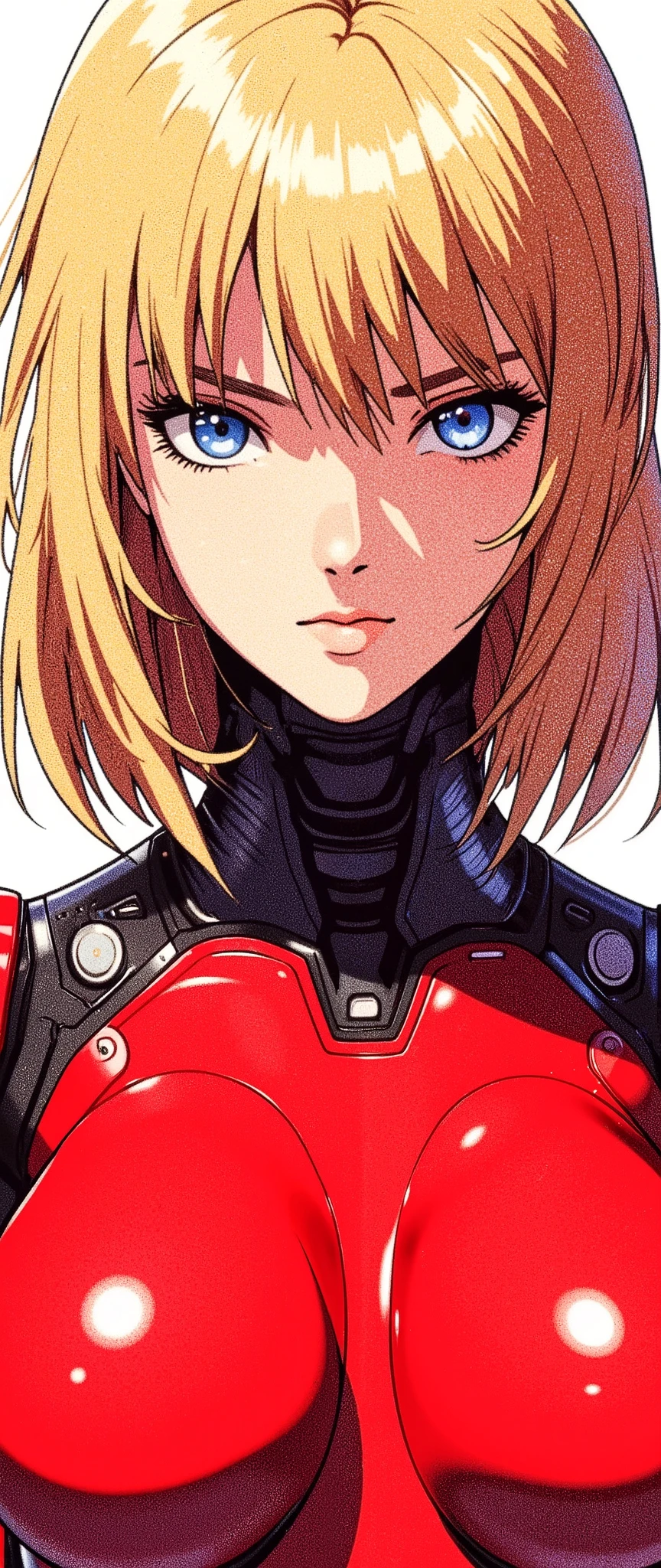 (masterpiece:1.2,Outstanding quality,Mirror finish,  cinematic experience,Super detailed),16k,wallpaper,( semi-realistic android woman),(front:2.0),(Upper body close-up:2.0), flat color,( Cyberpunk ),( Anime Artwork), beautiful gradation ,( perfect proportions),( blonde hair:2.0),( shiny red bodysuit ),( standing ),(Dark blue eyes:2.0)