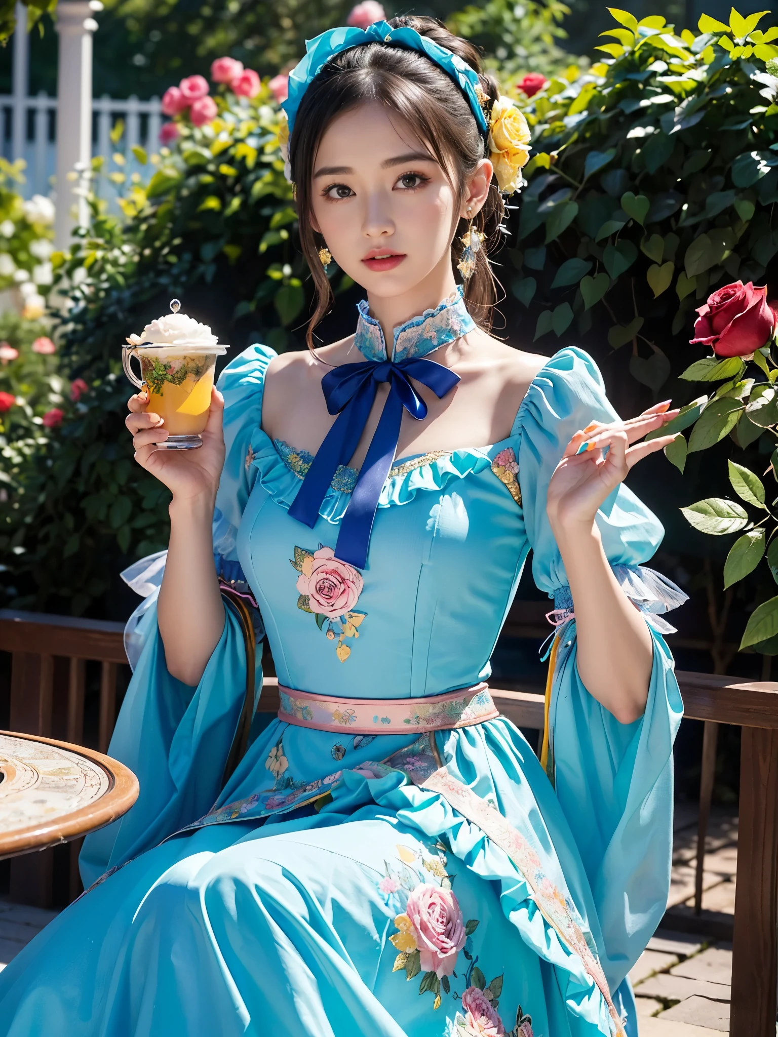 (masterpiece、top-quality、top-quality、Official art、Beautifully Aesthetic:1.2)、(One girl:1.3)、A highly detailed、(Fractal Art:1.1)、(colourfull:1.1), (florals:1.3)、The most detailed、(Zentangle:1.2)、full body Esbian、(Blue sky and rose garden:1.3)、(shinny skin)、(Many colors:1.4), (pluma:1.5)、masterpiece、top-quality、top-quality、Official art、Beautifully Aesthetic:1.2)、(1girl in)、ighly detailed、(Fractal Art:1.3)、colourfull、highestdetailed、long、A dark-haired、big eye、Women in Japan、(Ruffle frills, extremely detailed Chiffon Lace Ribbon Suspenders, (turquoise blue and yellow Stripe Design Pastel Coloring extremely detailed dress),extremely detailed Big Ribbon Headband, extremely detailed Open Colorborn, extremely detailed puff sleeves, extremely detailed Tied thin ribbon corset, extremely detailed Balloon skirt, extremely detailed White Net Tights, Colorful star-shaped bead accessories)、Cute table、Drinking tea、Tea、teapot、macaroons, You can see the castle behind