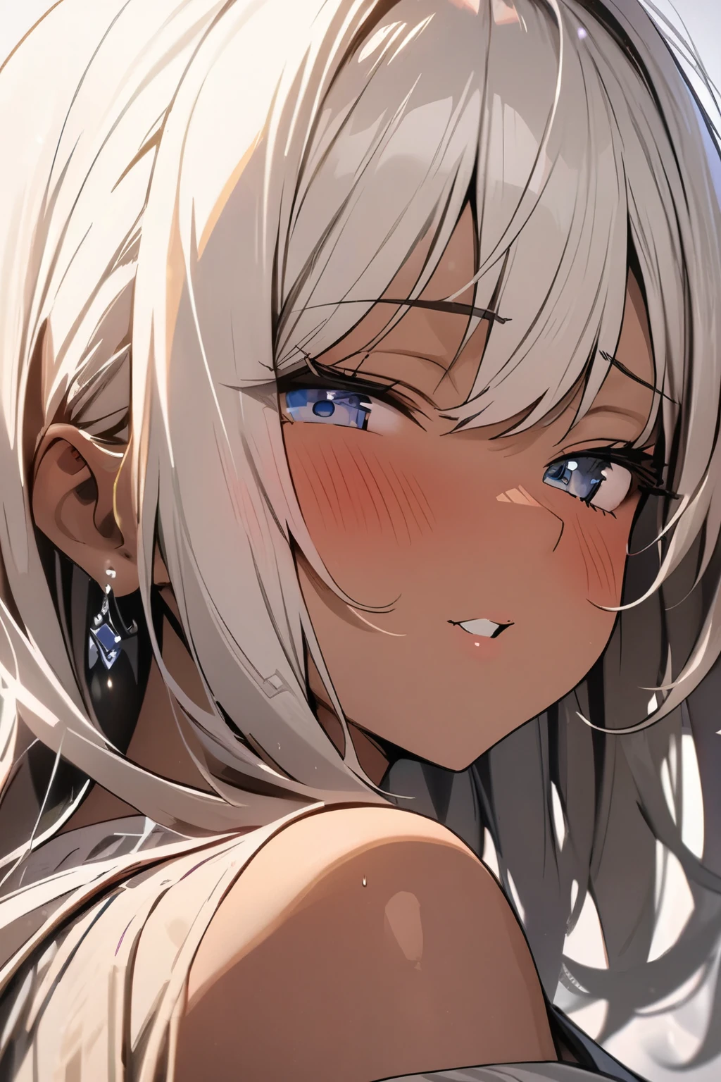 One Girl, Gray Hair, Low twin tails, There is only one mole below the eye, There is only one mole, Small breasts, Cheeky face, looking at the camera, ass pov, Brown Skin, White off-shoulder, Belly button, Sweating, Face is close, Sticking out tongue, Denim shorts, Black knee-high socks, slender, Brat, 