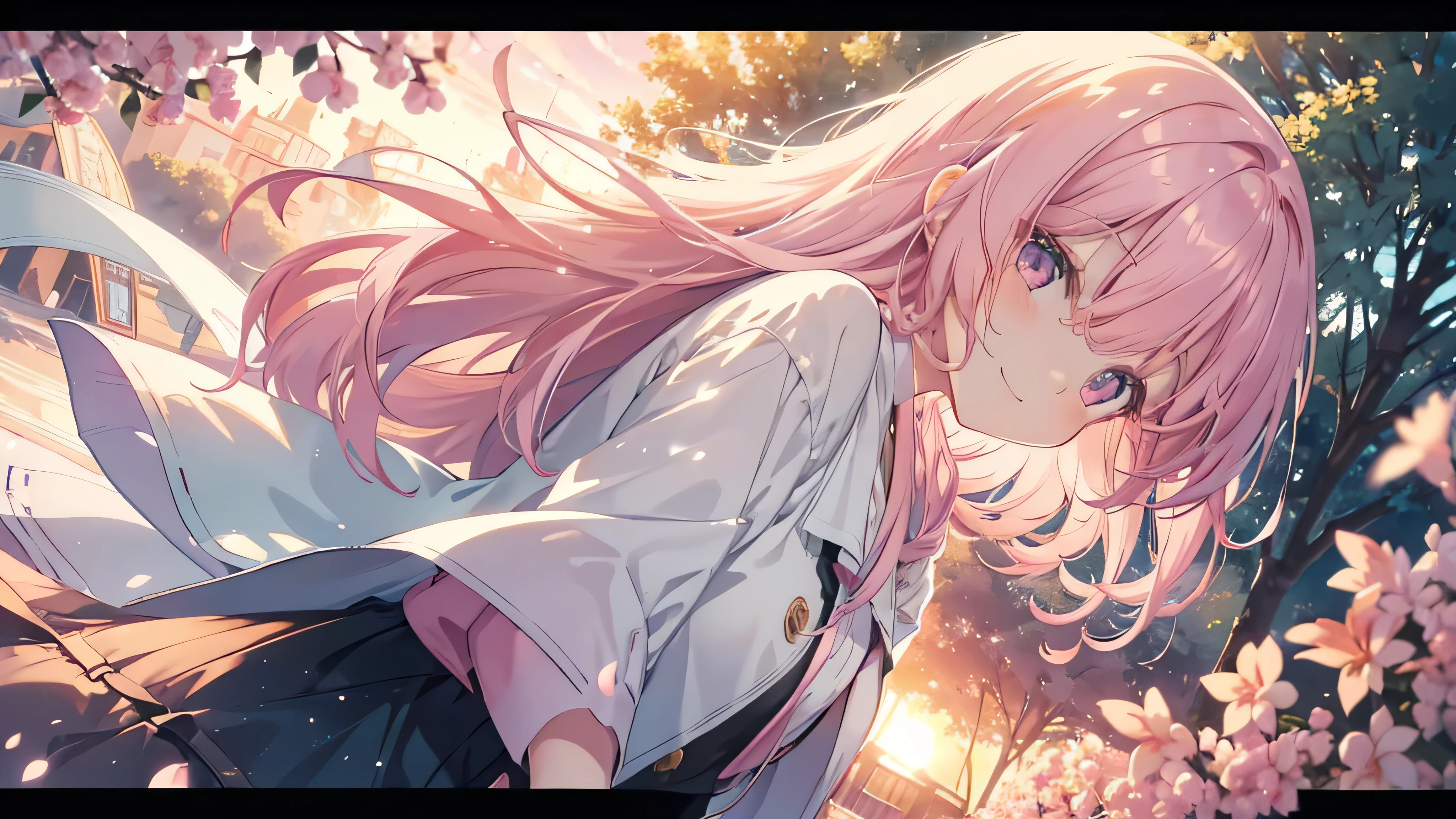  cute anime pink haired girl、 dynamic、 long hair,（ angle from above,profile,Tree-lined street at sunset ,The best smile ,Feminine Style) warm lighting 、 bright color、Pastel Palette、 Soft Focus 、 magical atmosphere