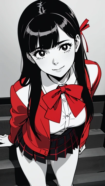 of the highest quality, Best Quality,超A high resolution, hight resolution, (masutepiece), (Comic style illustration), (linear art_Anime),(((black-and-white))),(((monotone_highcontrast))),hi-school girl,high-school uniform、Yayoi, long hair, (((red ribbon in hair))), long pony tail, black choker,  muslos, wide hips, wet body, wet face, wet thighs, wet on the legs, BREAK, (a youthful and vibrant 20-year-old), (1 girl, a vision of beauty), ( long hair), (perfectly shaped medium breasts), (perfect lighting to showcase her beauty), BREAK, (her expression, a mix of confidence and desire), ((Beautiful eyelashes, Realistic eyes)), medium breasts, Dynamic Angle, Perfect body, ((red bowtie, School uniform,  jacket, Open jacket, cardigan, White shirt,  skirt, plaid skirts)), the biggest staircase in the school、(((Looking up from the bottom of the stairs)))、Smile, turned around、bending forward, standing on his back, going up the stairs turning backwards, looking back at the viewer.