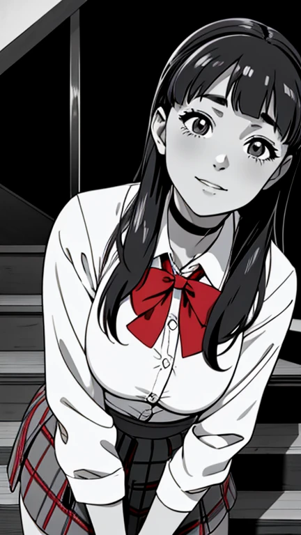 of the highest quality, Best Quality,超A high resolution, hight resolution, (masutepiece), (Comic style illustration), (linear art_Anime),(((black-and-white))),(((monotone_highcontrast))),hi-school girl,high-school uniform、Yayoi, long hair, (((red ribbon in hair))), long pony tail, black choker,  muslos, wide hips, wet body, wet face, wet thighs, wet on the legs, BREAK, (a youthful and vibrant 20-year-old), (1 girl, a vision of beauty), ( long hair), (perfectly shaped medium breasts), (perfect lighting to showcase her beauty), BREAK, (her expression, a mix of confidence and desire), ((Beautiful eyelashes, Realistic eyes)), medium breasts, Dynamic Angle, Perfect body, ((red bowtie, School uniform,  jacket, Open jacket, cardigan, White shirt,  skirt, plaid skirts)), the biggest staircase in the school、(((Looking up from the bottom of the stairs)))、Smile, turned around、bending forward, standing on his back, going up the stairs turning backwards, looking back at the viewer.