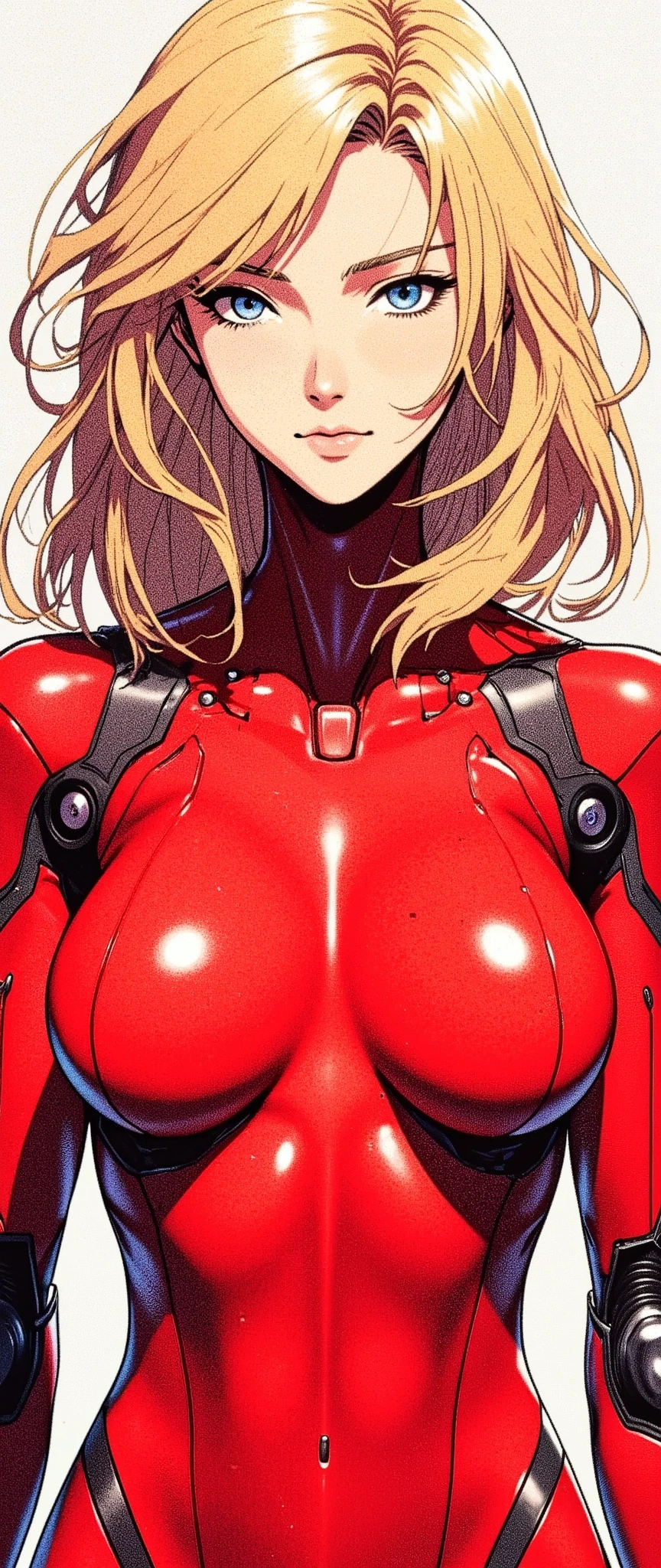 (masterpiece:1.2,Outstanding quality,Mirror finish,  cinematic experience,Super detailed),16k,wallpaper,( semi-realistic android woman),(front:2.0),(Upper body close-up:2.0), flat color,( Cyberpunk ),( Anime Artwork), beautiful gradation ,( perfect proportions),( blonde hair:2.0),( shiny red bodysuit ),( standing ),(Dark blue eyes:2.0)