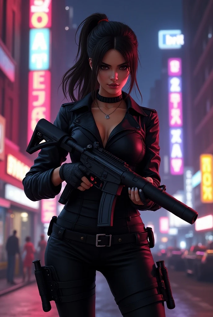 cyberpunk-style city with a nocturnal vibe with Blade Runner-like aesthetic references, glowing huge clock tower as time machine. At night, (1girl, solo, alone), photorealistic, medium-breast slim:0.6 body, oval:0.5 face, cleavage:1.1, sexy black laced bra, miniskirt, white laced panty, coat, (black micro sunglasses), (holding a short gun), (slightly leaning forward running pose), ((half-body thigh level medium shot)), cinematic lighting, ray tracing, motion blurred background.