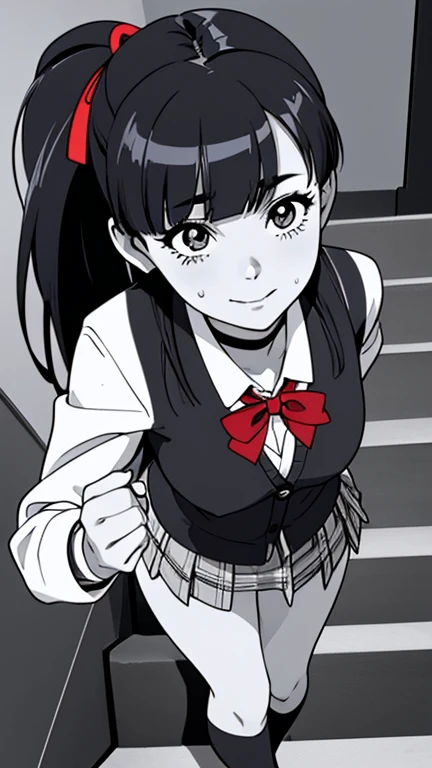 of the highest quality, Best Quality,超A high resolution, hight resolution, (masutepiece), (Comic style illustration), (linear art_Anime),(((black-and-white))),(((monotone_highcontrast))),hi-school girl,high-school uniform、Yayoi, long hair, (((red ribbon in hair))), long pony tail, black choker,  muslos, wide hips, wet body, wet face, wet thighs, wet on the legs, BREAK, (a youthful and vibrant 20-year-old), (1 girl, a vision of beauty), ( long hair), (perfectly shaped medium breasts), (perfect lighting to showcase her beauty), BREAK, (her expression, a mix of confidence and desire), ((Beautiful eyelashes, Realistic eyes)), medium breasts, Dynamic Angle, Perfect body, ((red bowtie, School uniform,  jacket, Open jacket, cardigan, White shirt,  skirt, plaid skirts)), the biggest staircase in the school、(((Looking up from the bottom of the stairs)))、Smile, turned around、bending forward, standing on his back, going up the stairs turning backwards, looking back at the viewer.