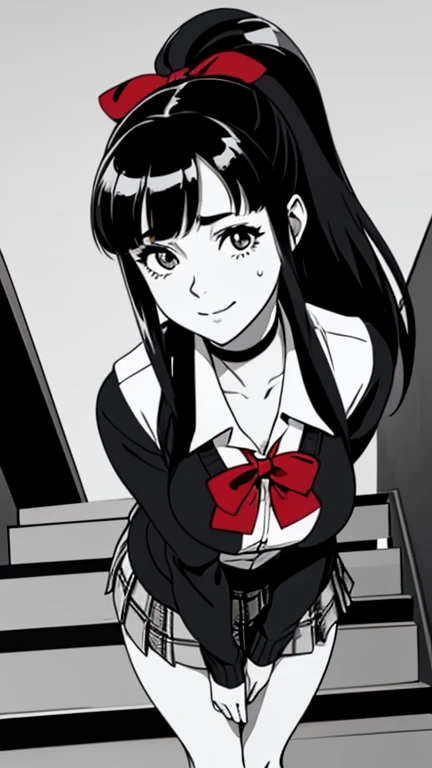 of the highest quality, Best Quality,超A high resolution, hight resolution, (masutepiece), (Comic style illustration), (linear art_Anime),(((black-and-white))),(((monotone_highcontrast))),hi-school girl,high-school uniform、Yayoi, long hair, (((red ribbon in hair))), long pony tail, black choker,  muslos, wide hips, wet body, wet face, wet thighs, wet on the legs, BREAK, (a youthful and vibrant 20-year-old), (1 girl, a vision of beauty), ( long hair), (perfectly shaped medium breasts), (perfect lighting to showcase her beauty), BREAK, (her expression, a mix of confidence and desire), ((Beautiful eyelashes, Realistic eyes)), medium breasts, Dynamic Angle, Perfect body, ((red bowtie, School uniform,  jacket, Open jacket, cardigan, White shirt,  skirt, plaid skirts)), the biggest staircase in the school、(((Looking up from the bottom of the stairs)))、Smile, turned around、bending forward, standing on his back, going up the stairs turning backwards, looking back at the viewer.