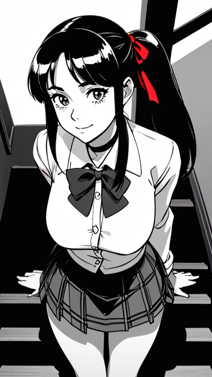 of the highest quality, Best Quality,超A high resolution, hight resolution, (masutepiece), (Comic style illustration), (linear art_Anime),(((black-and-white))),(((monotone_highcontrast))),hi-school girl,high-school uniform、Yayoi, long hair, (((red ribbon in hair))), long pony tail, black choker,  muslos, wide hips, wet body, wet face, wet thighs, wet on the legs, BREAK, (a youthful and vibrant 20-year-old), (1 girl, a vision of beauty), ( long hair), (perfectly shaped medium breasts), (perfect lighting to showcase her beauty), BREAK, (her expression, a mix of confidence and desire), ((Beautiful eyelashes, Realistic eyes)), medium breasts, Dynamic Angle, Perfect body, ((red bowtie, School uniform,  jacket, Open jacket, cardigan, White shirt,  skirt, plaid skirts)), the biggest staircase in the school、(((Looking up from the bottom of the stairs)))、Smile, turned around、bending forward, standing on his back, going up the stairs turning backwards, looking back at the viewer.