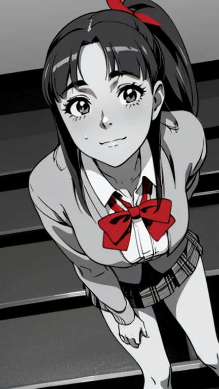 of the highest quality, Best Quality,超A high resolution, hight resolution, (masutepiece), (Comic style illustration), (linear art_Anime),(((black-and-white))),(((monotone_highcontrast))),hi-school girl,high-school uniform、Yayoi, long hair, (((red ribbon in hair))), long pony tail, black choker,  muslos, wide hips, wet body, wet face, wet thighs, wet on the legs, BREAK, (a youthful and vibrant 20-year-old), (1 girl, a vision of beauty), ( long hair), (perfectly shaped medium breasts), (perfect lighting to showcase her beauty), BREAK, (her expression, a mix of confidence and desire), ((Beautiful eyelashes, Realistic eyes)), medium breasts, Dynamic Angle, Perfect body, ((red bowtie, School uniform,  jacket, Open jacket, cardigan, White shirt,  skirt, plaid skirts)), the biggest staircase in the school、(((Looking up from the bottom of the stairs)))、Smile, turned around、bending forward, standing on his back, going up the stairs turning backwards, looking back at the viewer.