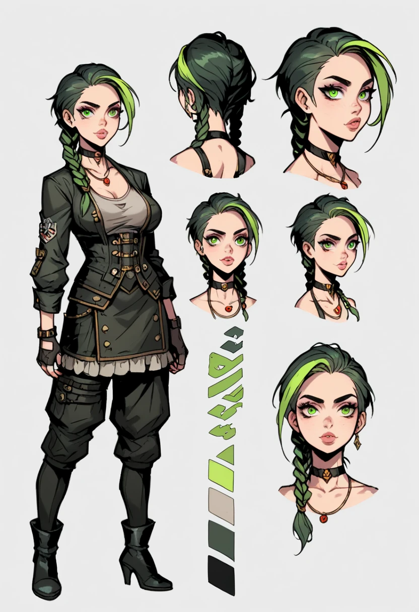 Character model sheet in manga style of a young woman with a unique, alternative look. She has long braided hair with bold green highlights mixed with dark tones, and layered bangs partially covering her forehead. Her eyebrows are thick and well-defined, enhancing her expressive look. She has large eyes with sharp eyeliner, a rounded nose with a septum piercing, and full lips with a subtle pout. Her face is round with soft cheeks and a subtle jawline. The model sheet includes a full-body view from the front, side, and back, showcasing her alternative-style clothing, accessories like necklaces and chokers, and intricate character details. Detailed line work and shading highlight her unique, youthful appearance and edgy attitude. Simple background to keep focus on character details.