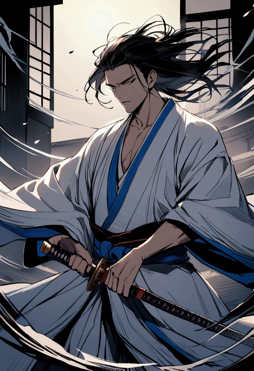 A young man with thick jet-black hair, Medium-length hair, clear and bright eyes, a relaxed and composed demeanor, handsome features, stands by the side of a vast and bright lake, dressed in a loose white robe, the hem flowing gracefully in the wind, wide sleeves, a sky-blue sash is tied around his waist, he wears loose white trousers, he holds a longsword with a black scabbard, a longsword with a black scabbard, he radiates an aura of transcendence and elegance under the sunlight, under the sunlight, this character embodies a finely crafted Chinese martial hero design in anime style, characterized by a sophisticated and mature manga illustration art style, high definition, best quality, highres, ultra-detailed, ultra-fine painting, extremely delicate, professional, anatomically correct, symmetrical face, extremely detailed eyes and face, high quality eyes, creativity, RAW photo, UHD, 8k, Natural light, cinematic lighting, masterpiece:1.5