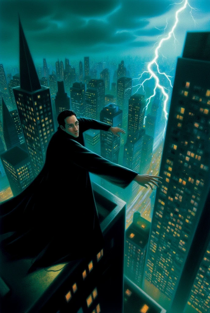 mrygp, Neo from Matrix stands on the rooftop of a skyscraper in the middle of a dark, rain-soaked city. He’s poised as if ready to jump, rain droplets frozen mid-air around him in a surreal effect. His face is calm yet resolute, a visual representation of the choice between reality and illusion. Lightning flashes in the background, illuminating the towering cityscape and casting shadows that reflect his inner conflict.