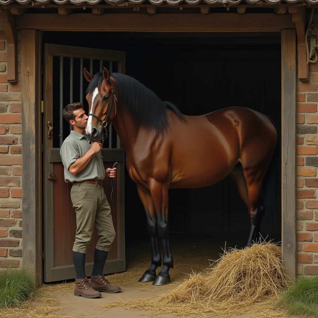 Masterpiece, top lighting, bright light, smile, brown delicate and delicate long hair, man next to the horse, delicate dress, big breasts, big breasts without leaking points, high-definition facial features, 8K, double eyelids, delicate and delicate facial features, whitened skin, necklace