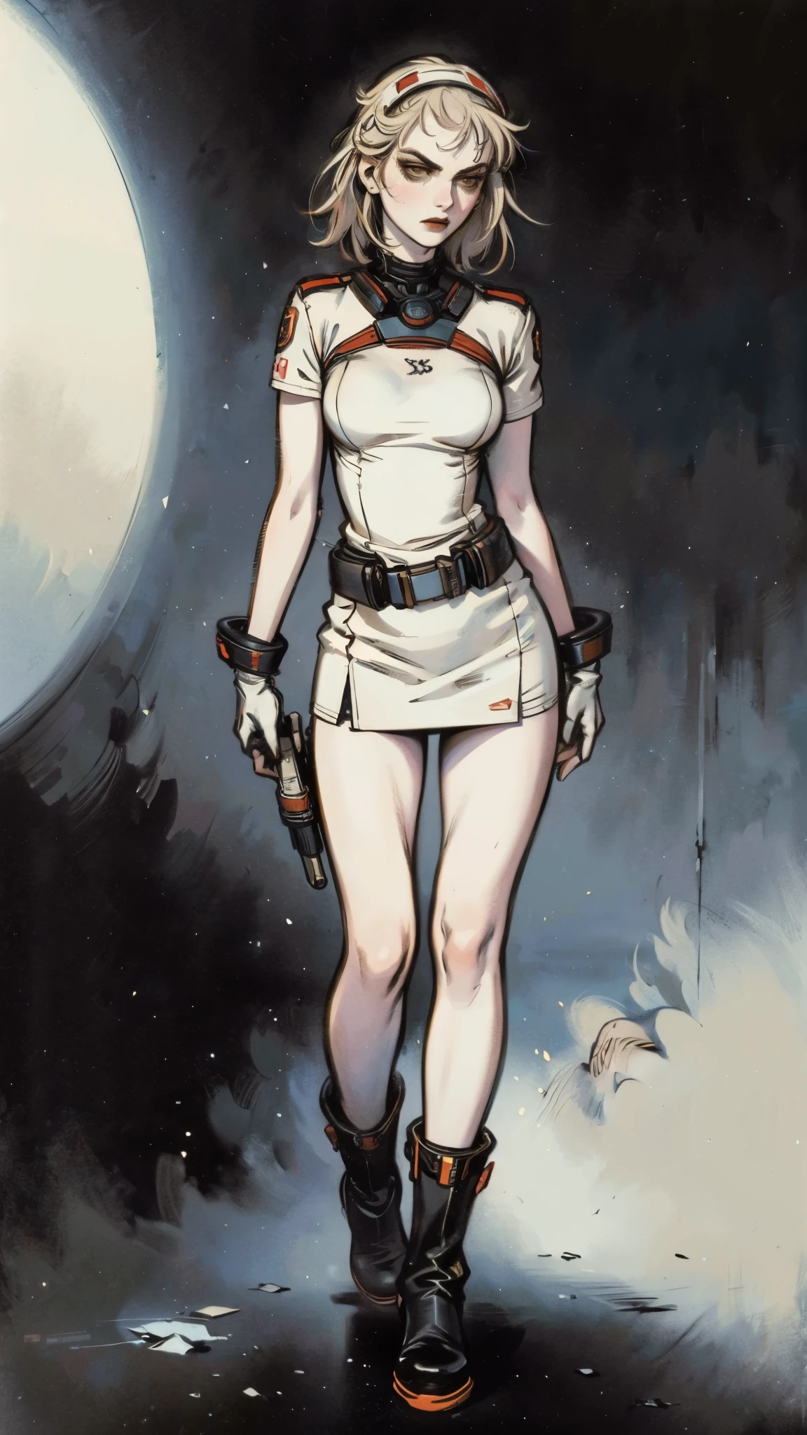 (masterpiece:1.2, best quality:1.2, extremely delicate:1.2), ((Alexandra Daddario:1.2)), a girl with short light golden hair, a metal headband on her forehead, icy gaze, detached expression, smooth and exquisite facial appearance, perfect body, perfect skin, porcelain skin, pale skin, sci-fi military uniform, short sleeves, gloves, short skirt integrated with the outfit, dark fitted pants, knee-high military boots, the color scheme is primarily White with Blue and Yellow accents, surrounded by AR virtual interfaces, standing in a futuristic sci-fi-styled room, this character embodies a finely crafted futuristic sci-fi female officer in anime style, exquisite and mature art style, exquisite photography, Photo realism, photorealistic, even and soft lighting on face, dramatic, high definition, highres, ultra-detailed, ultra-fine painting, professional, perfect body proportions, anatomically correct, symmetrical face, extremely detailed eyes and face, high quality eyes, creativity, RAW photo, UHD, 32k, portrait lighting, Natural light, cinematic lighting, (masterpiece-anatomy-perfect:1.2)