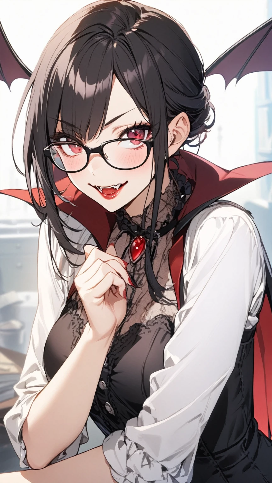  1 girl, black hair, Glasses,vampire,Bat Wing