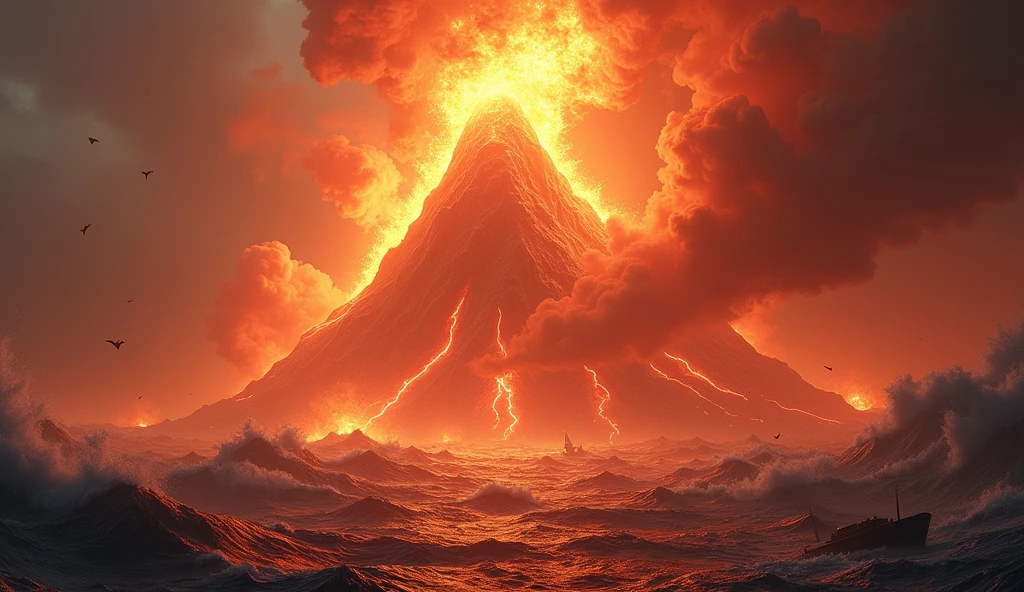 (volcano exploding:1.37),(Undersea volcanic eruption),Four pieces of hot magma,Scorched black rock, (Sky volcanic ash),beachside,(rolling waves:1.0),Fire red sky,destroy,inverted image,Epic graphics,shocking effects,,Photography,Barnett S....,Photorealism,Imaginative,Otherworldly,Image from the work of Darren Aronofsky,Quixel Megascans Render,The picture is from Roger Deakins's work,Bottom view,Beautiful lighting, --AR 9:16 --V 5.2 --Upper Beta --Stop 80