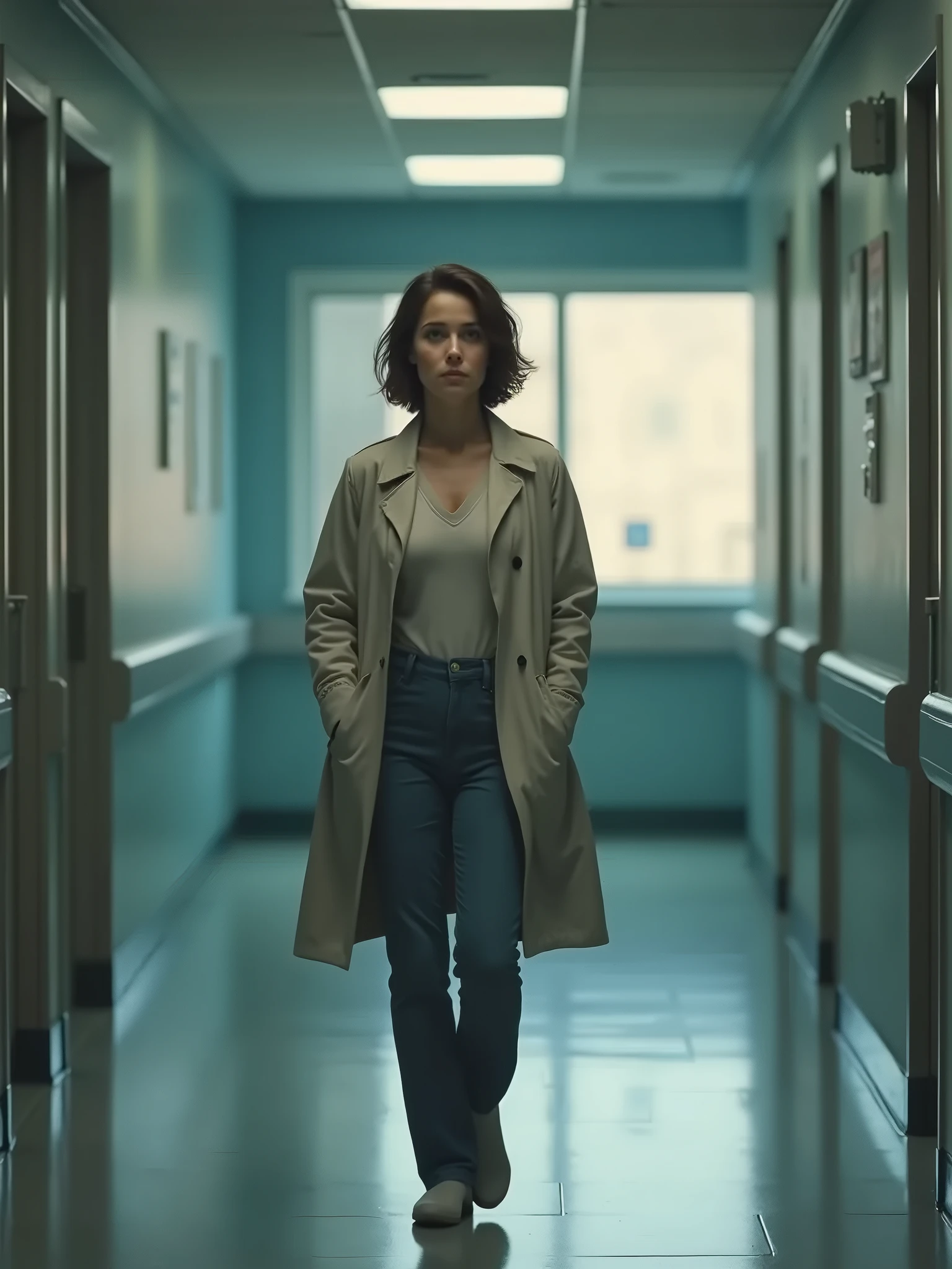 There is a woman walking down a long hallway in a hospital - SeaArt AI
