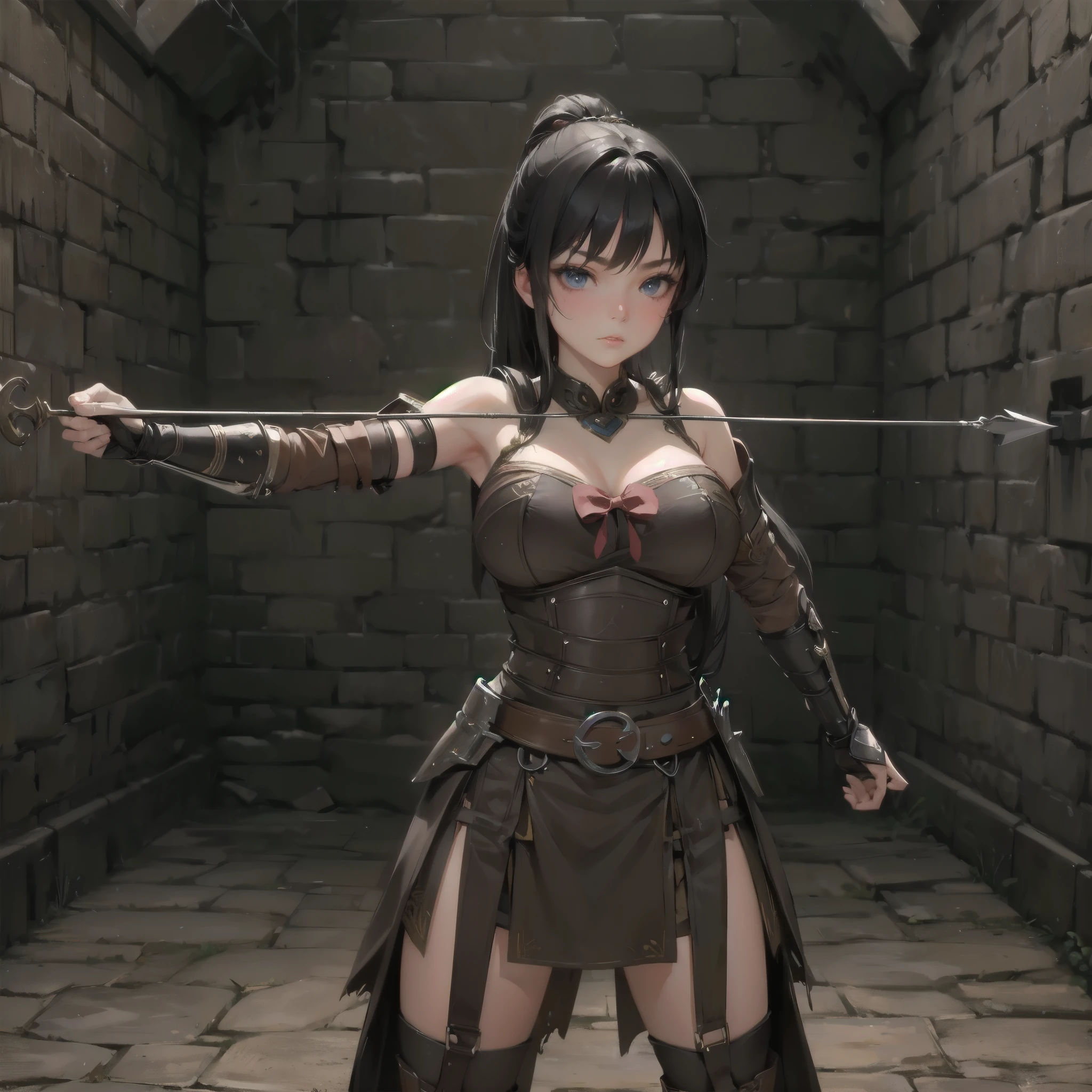 1girl、(9 year old female knight giving a footjob to a penis)、Bored look、Long black hair、(Gorgeous princess dress)、White Princess Gloves、Small breasts、belly button、Thighs、Holding a thin sword in one hand、(foot on penis)、((sexy Knight))、1boy、(penis)、(amazon position)、(The man is wearing armor)、The man is lying on the ground、((eject cum))、(Training in the arena)、((Angle from below))、Stepping on the penis、
