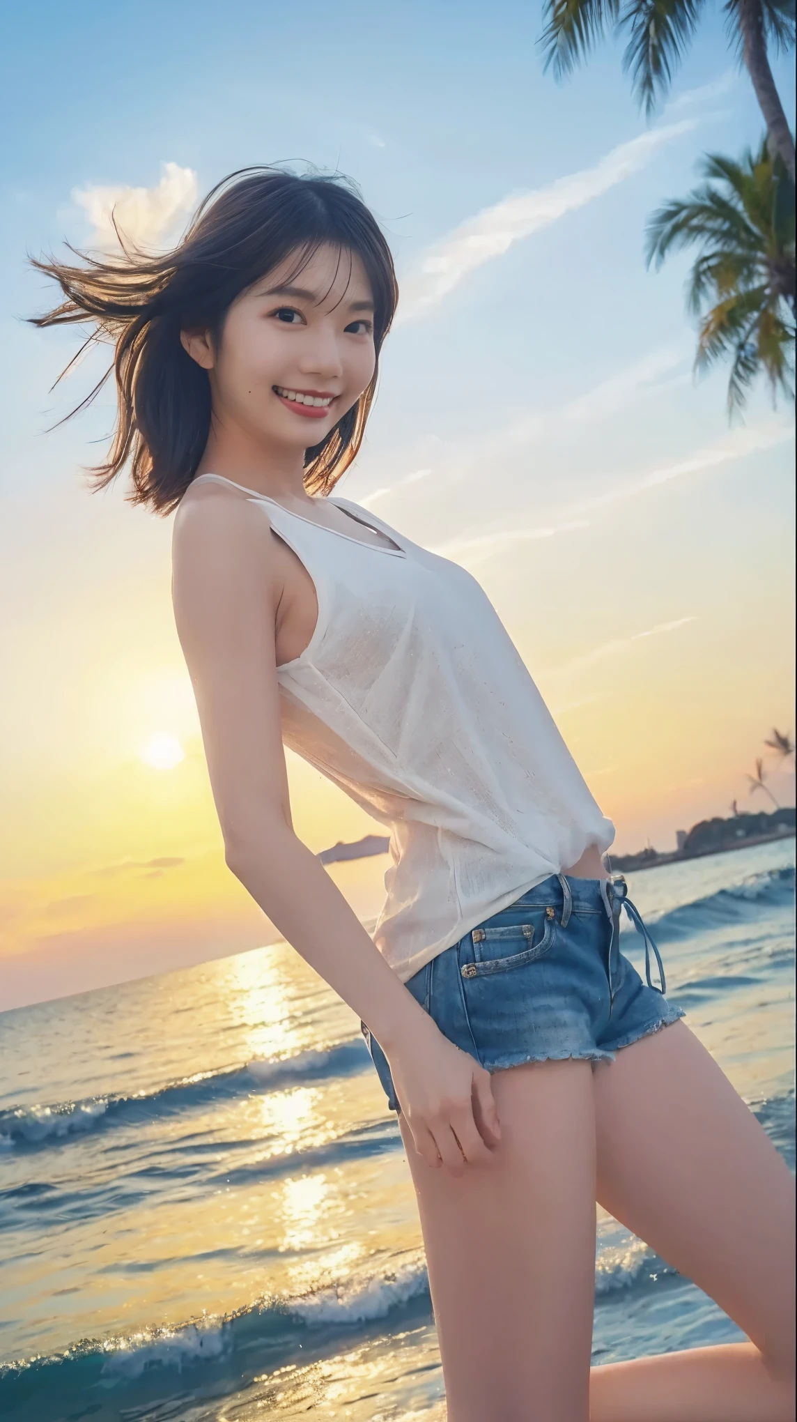 slender figure、 beautiful skin in NFSW、whole body、 best quality、 ultra high resolution、 beautiful and elaborate face、 Fine and Beautiful Skin、 skin texture、sea、TakamotoAyaka 、smile、 is staring at the camera、Sunset、 white tank top 、 denim shorts 、 beach sandals 、My hair flutters in the wind、 peace sign