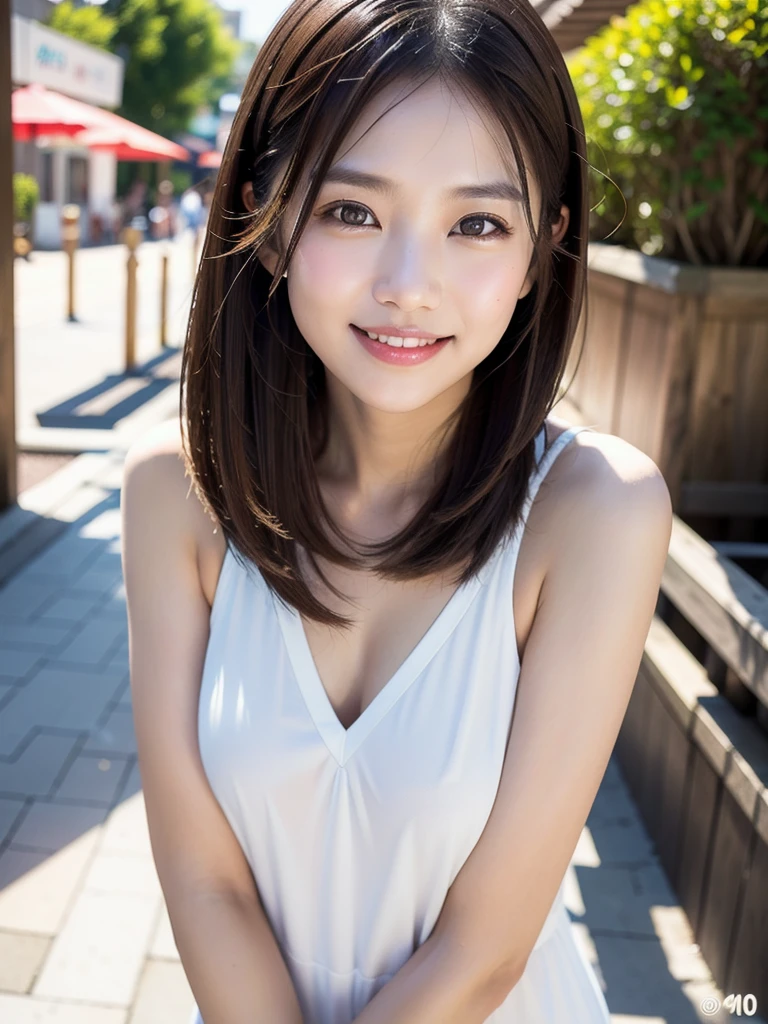 ((( face up )))、((( brown hair straight)))、((( pores must be detailed enough to be finely identified )))、((( wears clothes that look good in casual early summer 。 has hidden shoulders )))、(Natural laughter:1.25)、 half Japanese and Korean 、 an 18 year old girl、 standing alone 、 facing forward、Light eye makeup、Brown Hair Color、 has flat and small breasts 、 hair that flutters like、 actress quality 、 has a glossy, ultra-realistic face 、Smiling face、Watery eyes、I'm staring up、 Modest lighting effects in an old wooden hot spring 、  super realistic capture 、 several people having fun with each other while having very detailed 、 high-resolution 16k close-up of human skin 。 skin texture must be natural 、 must be detailed enough to be finely identified 、She has healthy skin 、 has a uniform tone 、 uses natural light and color 、 new like a hair salon model Outdated high quality image taken by a {x} model agency's exclusive photographer posing with York's alley in the background、smile、(((SIGMA 300 mm F/1.4,1/1000 sec shutter,ISO 400)))、The background is F-stop 1.. 4 blurry 
