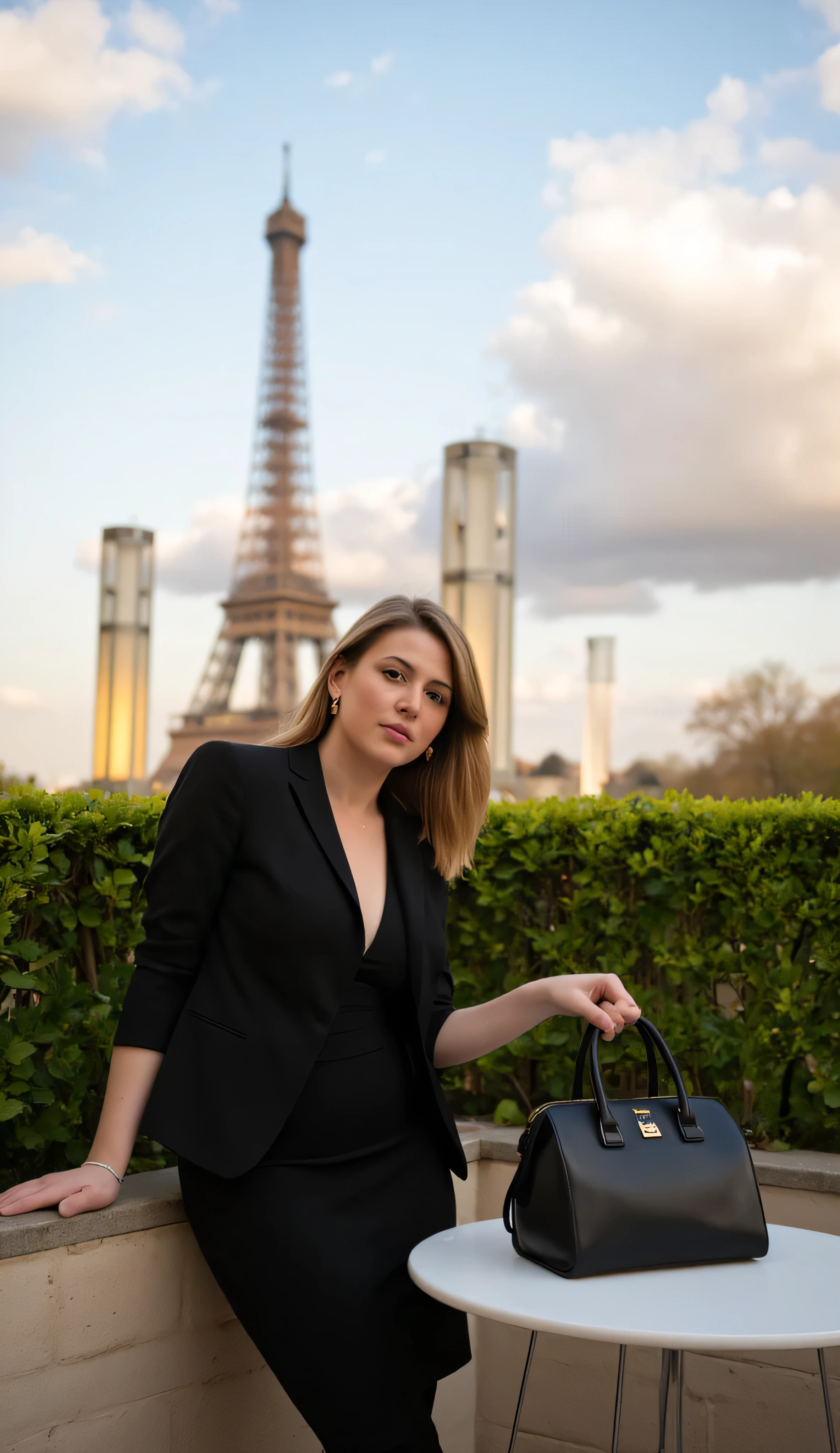 Make a woman aged 25 to 35 years. Redhead with long hair, photo in business clothes and in front of the Effel Tower in Paris