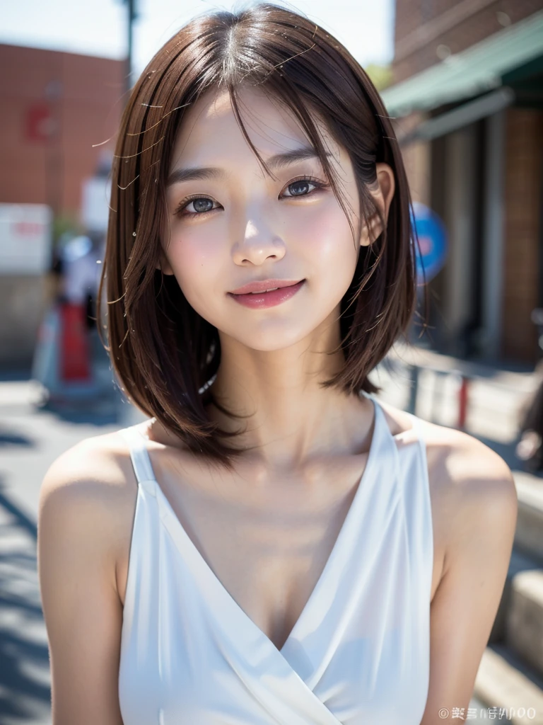 ((( face up )))、((( brown hair straight)))、((( pores must be detailed enough to be finely identified )))、((( wears clothes that look good in casual early summer 。 has hidden shoulders )))、(Natural laughter:1.25)、 half Japanese and Korean 、 an 18 year old girl、 standing alone 、 facing forward、Light eye makeup、Brown Hair Color、 has flat and small breasts 、 hair that flutters like、 actress quality 、 has a glossy, ultra-realistic face 、Smiling face、Watery eyes、I'm staring up、 Modest lighting effects in an old wooden hot spring 、  super realistic capture 、 several people having fun with each other while having very detailed 、 high-resolution 16k close-up of human skin 。 skin texture must be natural 、 must be detailed enough to be finely identified 、She has healthy skin 、 has a uniform tone 、 uses natural light and color 、 new like a hair salon model Outdated high quality image taken by a {x} model agency's exclusive photographer posing with York's alley in the background、smile、(((SIGMA 300 mm F/1.4,1/1000 sec shutter,ISO 400)))、The background is F-stop 1.. 4 blurry 
