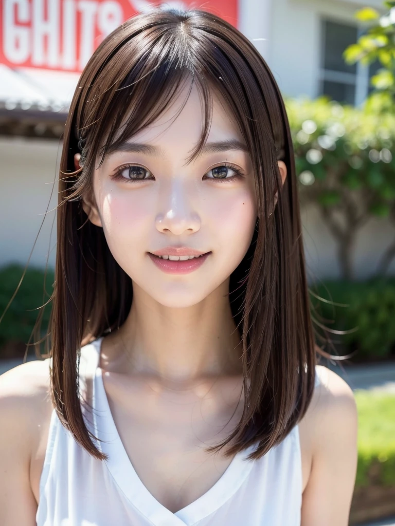 ((( face up )))、((( brown hair straight)))、((( pores must be detailed enough to be finely identified )))、((( wears clothes that look good in casual early summer 。 has hidden shoulders )))、(Natural laughter:1.25)、 half Japanese and Korean 、 an 18 year old girl、 standing alone 、 facing forward、Light eye makeup、Brown Hair Color、 has flat and small breasts 、 hair that flutters like、 actress quality 、 has a glossy, ultra-realistic face 、Smiling face、Watery eyes、I'm staring up、 Modest lighting effects in an old wooden hot spring 、  super realistic capture 、 several people having fun with each other while having very detailed 、 high-resolution 16k close-up of human skin 。 skin texture must be natural 、 must be detailed enough to be finely identified 、She has healthy skin 、 has a uniform tone 、 uses natural light and color 、 new like a hair salon model Outdated high quality image taken by a {x} model agency's exclusive photographer posing with York's alley in the background、smile、(((SIGMA 300 mm F/1.4,1/1000 sec shutter,ISO 400)))、The background is F-stop 1.. 4 blurry 
