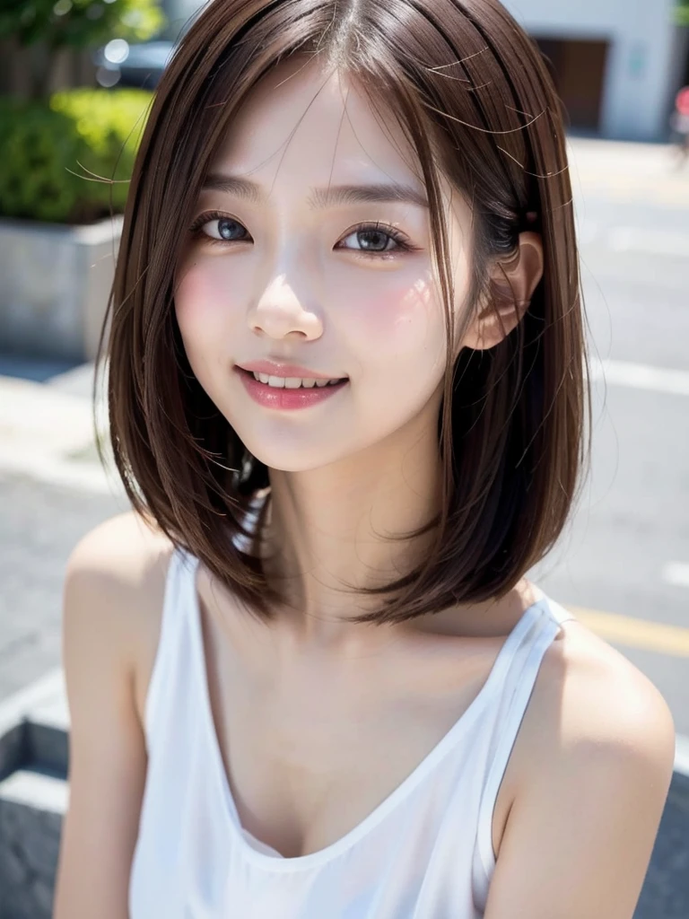 ((( face up )))、((( brown hair straight)))、((( pores must be detailed enough to be finely identified )))、((( wears clothes that look good in casual early summer 。 has hidden shoulders )))、(Natural laughter:1.25)、 half Japanese and Korean 、 an 18 year old girl、 standing alone 、 facing forward、Light eye makeup、Brown Hair Color、 has flat and small breasts 、 hair that flutters like、 actress quality 、 has a glossy, ultra-realistic face 、Smiling face、Watery eyes、I'm staring up、 Modest lighting effects in an old wooden hot spring 、  super realistic capture 、 several people having fun with each other while having very detailed 、 high-resolution 16k close-up of human skin 。 skin texture must be natural 、 must be detailed enough to be finely identified 、She has healthy skin 、 has a uniform tone 、 uses natural light and color 、 new like a hair salon model Outdated high quality image taken by a {x} model agency's exclusive photographer posing with York's alley in the background、smile、(((SIGMA 300 mm F/1.4,1/1000 sec shutter,ISO 400)))、The background is F-stop 1.. 4 blurry 
