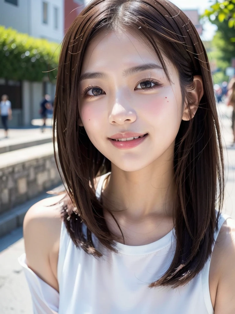 ((( face up )))、((( brown hair straight)))、((( pores must be detailed enough to be finely identified )))、((( wears clothes that look good in casual early summer 。 has hidden shoulders )))、(Natural laughter:1.25)、 half Japanese and Korean 、 an 18 year old girl、 standing alone 、 facing forward、Light eye makeup、Brown Hair Color、 has flat and small breasts 、 hair that flutters like、 actress quality 、 has a glossy, ultra-realistic face 、Smiling face、Watery eyes、I'm staring up、 Modest lighting effects in an old wooden hot spring 、  super realistic capture 、 several people having fun with each other while having very detailed 、 high-resolution 16k close-up of human skin 。 skin texture must be natural 、 must be detailed enough to be finely identified 、She has healthy skin 、 has a uniform tone 、 uses natural light and color 、 new like a hair salon model Outdated high quality image taken by a {x} model agency's exclusive photographer posing with York's alley in the background、smile、(((SIGMA 300 mm F/1.4,1/1000 sec shutter,ISO 400)))、The background is F-stop 1.. 4 blurry 
