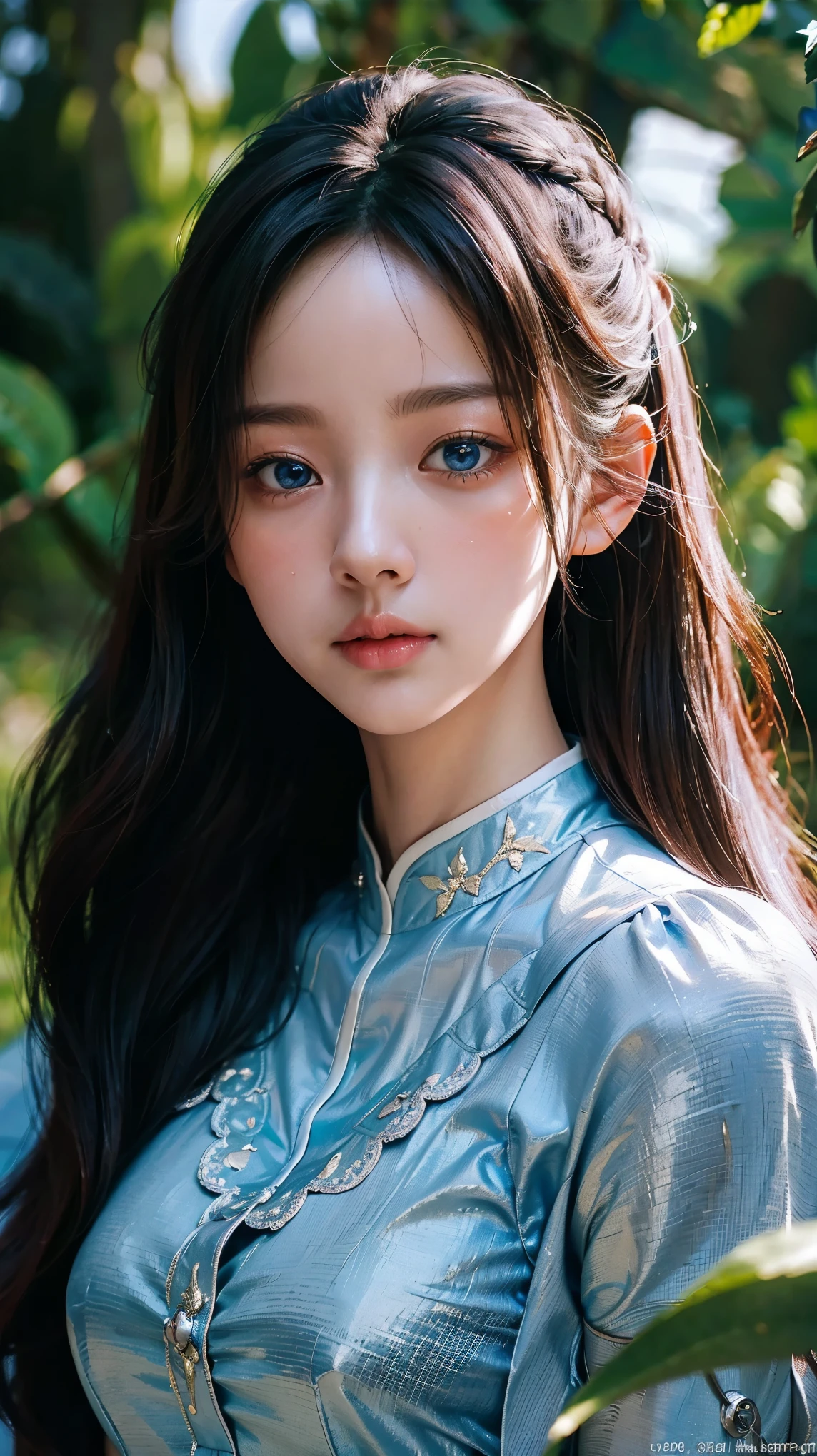 (masterpiece), ( top notch ), ( High Quality Details), (illustration), (1 woman),  look at the viewer and focus on the , (Interview),  beautiful and detailed eyes ,  delicate and beautiful face , Floating , (High saturation), (shining),  blue sky, Bright and beautiful face,  skin is young and radiant , 공정하고 shining, Best appearance , Very beautiful,  big eyes shine with clear sky blue light,  beautiful and amazing beautiful girl ,