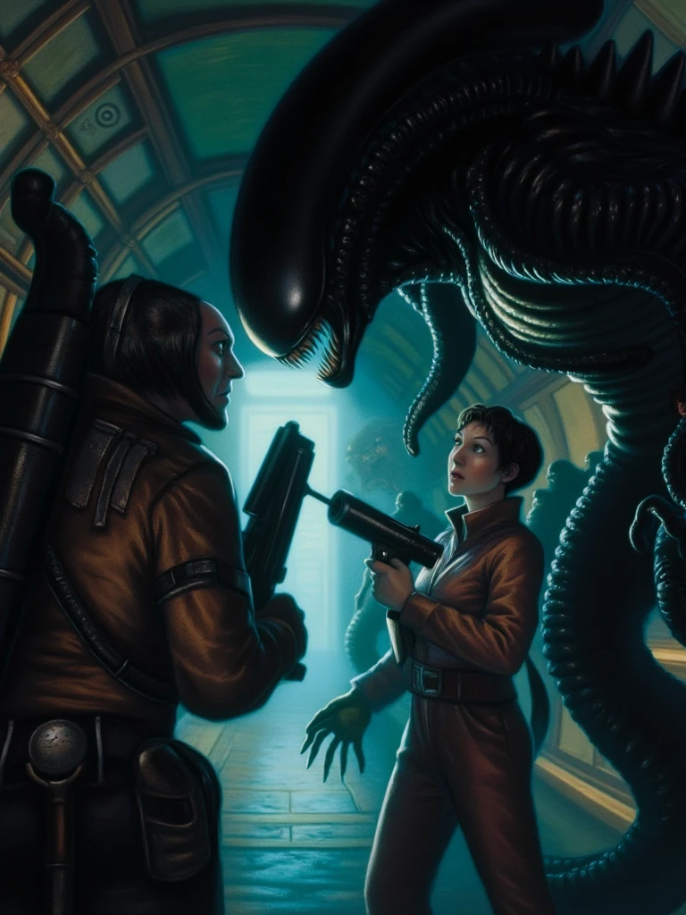 mrygp, A woman with short, dark hair stands face-to-face with the alien creature from the film Alien in a dimly lit corridor of a massive spaceship. She grips a flamethrower tightly, her expression tense and resolute, her worn spacesuit adding to her rugged, battle-ready look. The creature towers before her, its sleek, dark body and elongated head gleaming faintly in the low, eerie lighting. Their eyes meet in an intense standoff, the alien’s sharp, glistening teeth and menacing posture filling the confined space with a palpable sense of dread and imminent danger.