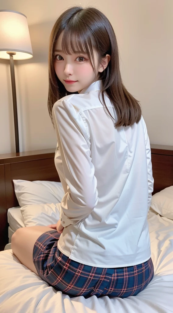 masterpiece, best quality, illustration, Super detailed, fine details, High resolution, 8K,wall paper, perfect dynamic composition,(Details High quality, realistic depiction of eyes:1.3), from back, restroom, ((toilet bowl)), (collared shirt:1.1), pleated skirt, short bob hair、black hair color, Big Natural Color Lip, crying a little、cold gaze, Harajuku style、perfect body shape, 20 year old girl、cute type、lolita、beautiful legs, hotel room, gravure idol, Voluptuous thighs, huge breasts,