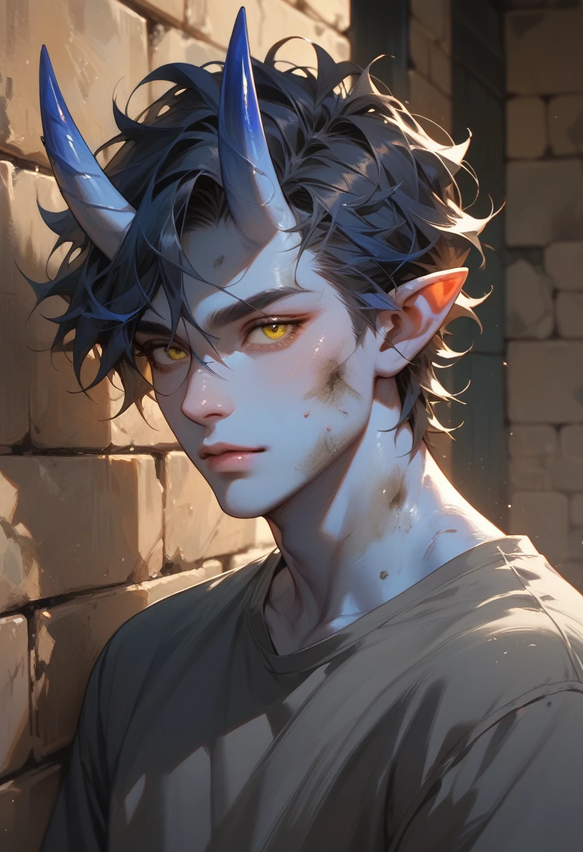 teen Oni man, with small blue horns, dark hair, dirty shoulder length hair, grey shirt, stone wall, small pointy ears, yellow eyes calm gaze. Grayish blue skin.