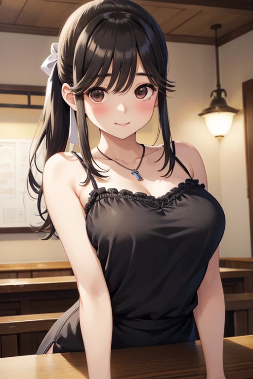 Takane Manaka、 Shiny brown long hair、Ribbon ponytail, beautiful brown eyed middle school students 、smile、Sparkling Eyes, (fine grain)、 lights 、 extremely detailed face,  lights , masterpiece,  best quality,  Hi-Res, ( best quality,masterpiece:1.2),Alone,Alone、 cowboy shots、

Only one female,  mature woman , /( camisole pencil mini dress/) /( black dress/)  necklace , /(Bare shoulders、Beautiful collarbone/) bangs, 赤面した優しいsmile, (名作  best quality:1.2)  Delicate Illustration Super Detailed ,  big breasts at the temple, Put your arms down, /(Bar Counter Night/)